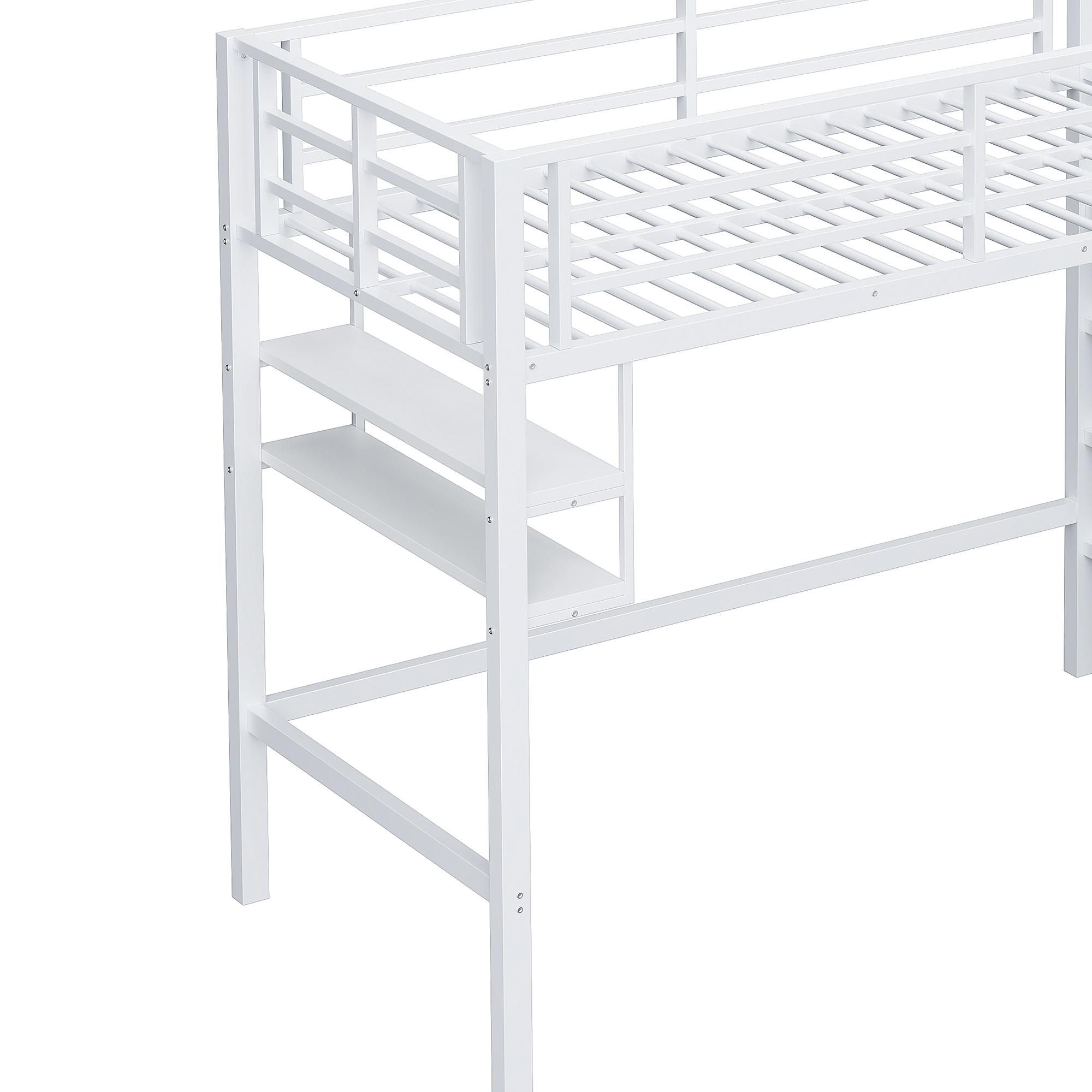 Merax Etagenbett Hochbett 90×200cm, mit Regalen, Stauraumleiter, sicherem Geländer, Eisenbett, Stockbett, Kinderbett, Jugendbett, Weiß