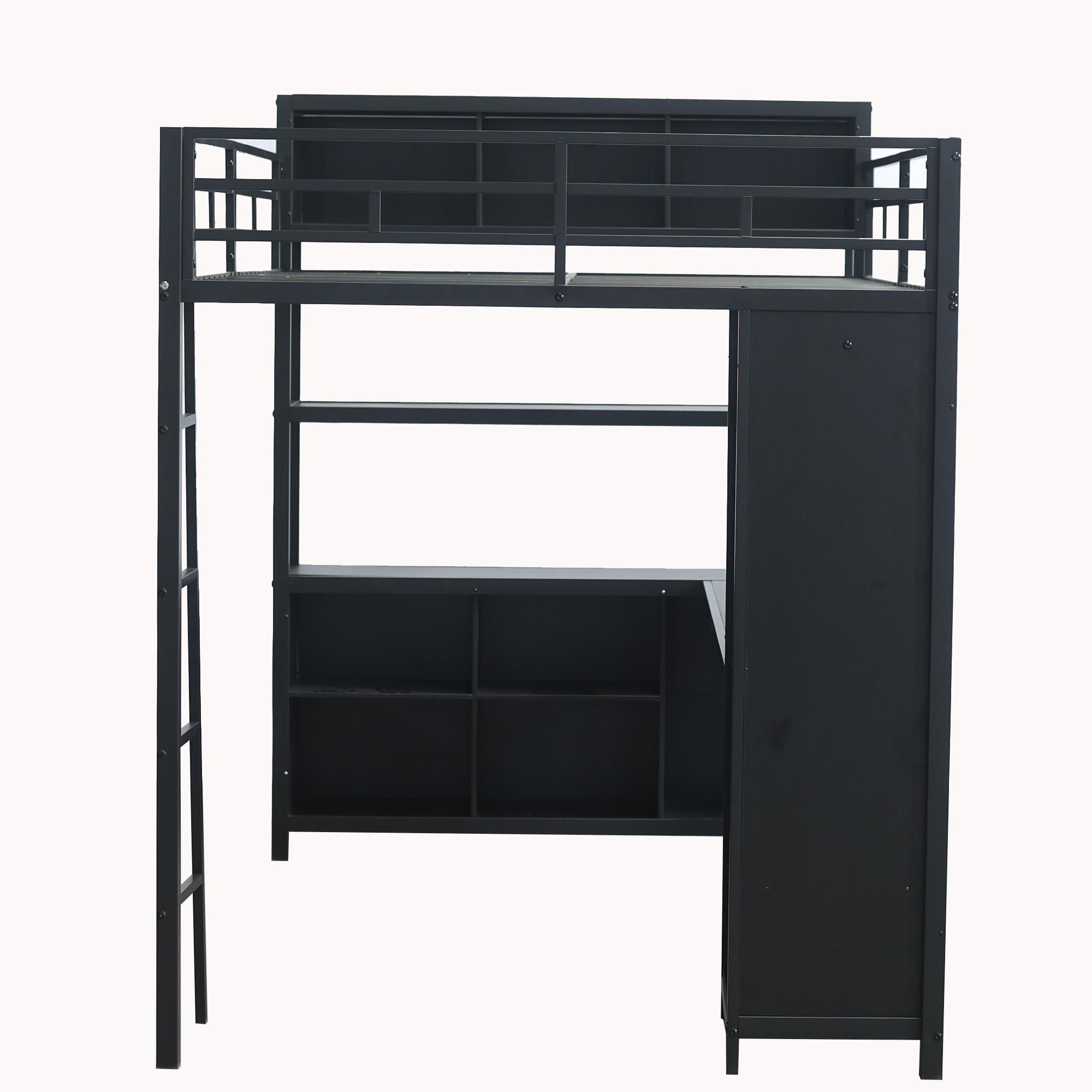 Flieks Etagenbett 140x200cm mit Schreibtisch und Regal, Hochbett mit Kleiderschrank, Kinderbett Jugendbett Metallbett mit Lattenrost, Schwarz