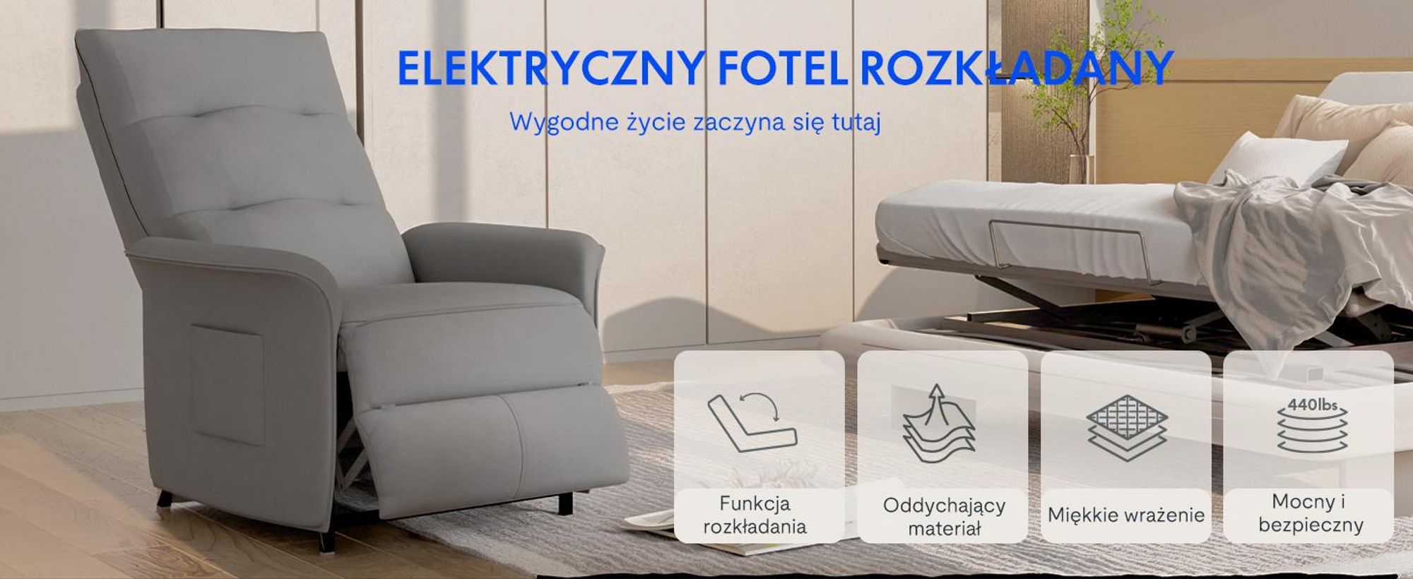 FLEXISPOT Elektryczny fotel relaksacyjny z funkcją rozkładania w zakresie 105°–155°, ergonomiczny fotel z podnóżkiem, fotel telewizyjny o nośności do 200 kg, kolor ciemnoszary