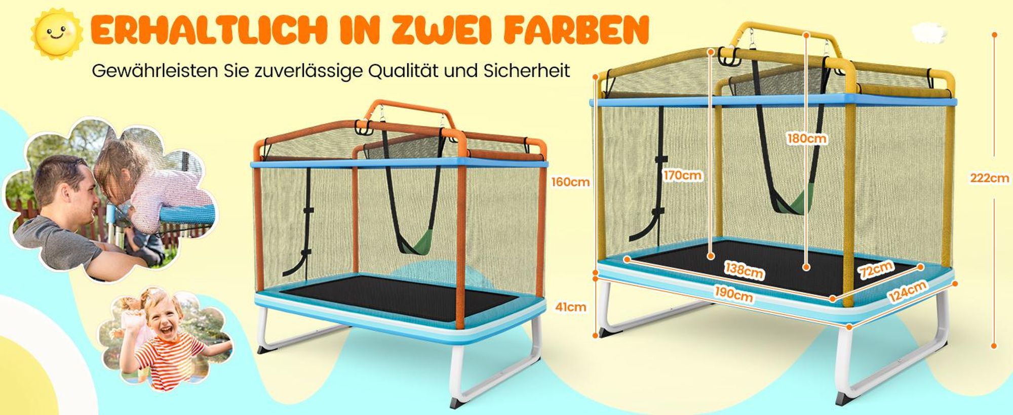 COSTWAY 3 in 1 Kindertrampolin, Gartentrampolin rechteckig mit Schaukel, Reckstange, Fitness Trampolin mit Sicherheitsnetz & Randabdeckung, Indoor-/Outdoortrampolin 190 x 124 x 172 cm Blau + Orange