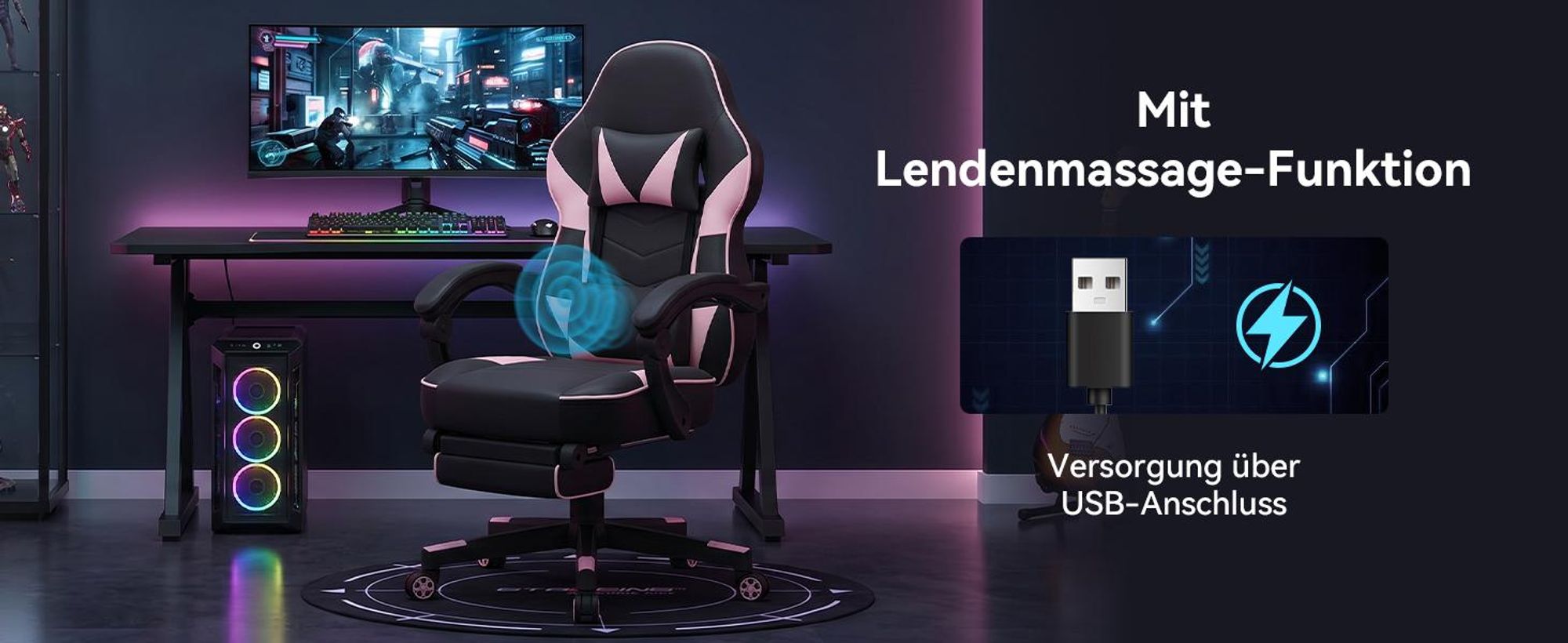 Puluomis Gaming Stuhl mit Massage und Fußstütze 150kg, Bürostuhl Ergonomisch Chefsessel Schreibtischstuhl Racing Stuhl Computerstuhl Rosa Pink Schwarz