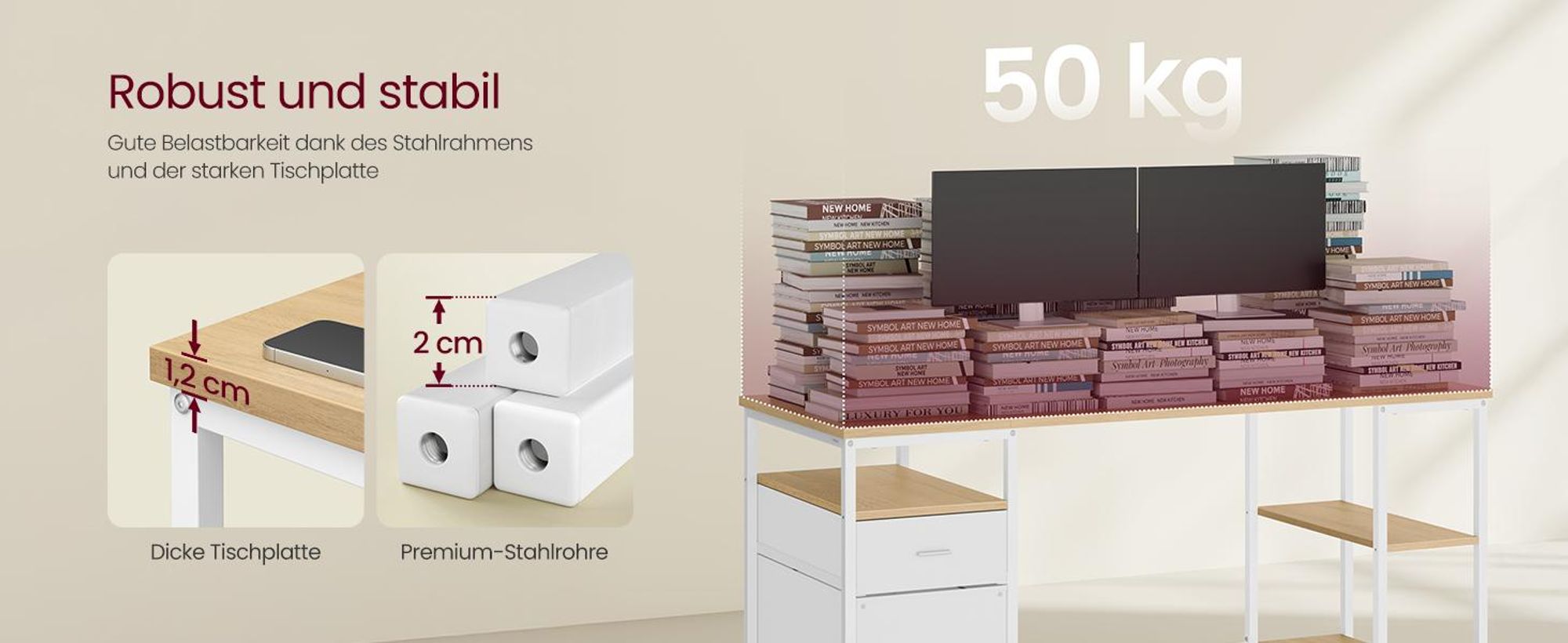 VASAGLE Schreibtisch mit 3 Ablagen, Bürotisch mit 2 Schubladen, 160 x 60 x 76 cm, moderner Stil, eichenfarben-weiß