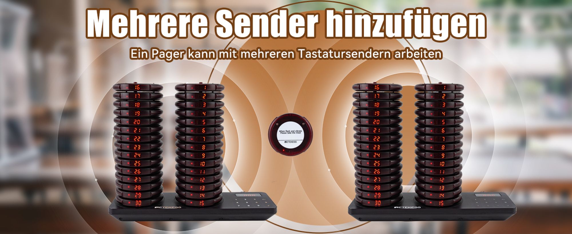 Retekess TD163 Pager System, Pager Rufsystem, 400M Entfernung im Freien Gelände, 31 Rufmodi, 20H Standby Zeit, Gästerufsystem für Gastronomie, 30 Page
