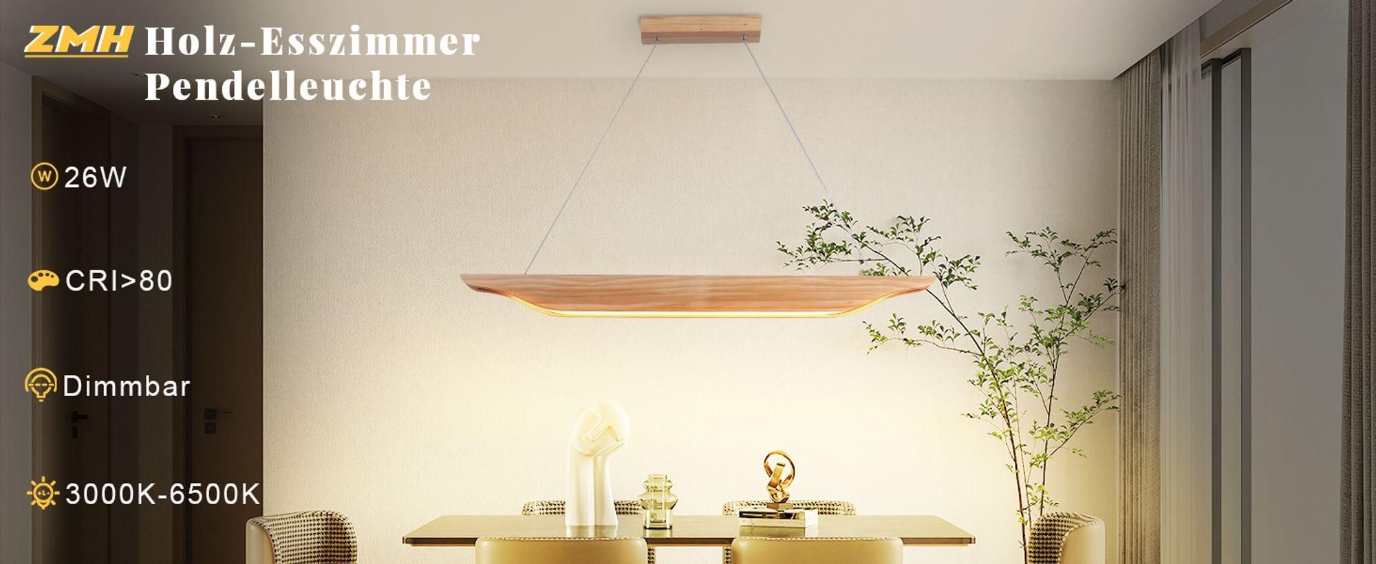 ZMH Pendelleuchte LED Hängelampe Holz Esstisch Hängeleuchte Modern Design Esszimmerlampe 90CM Dimmbar mit Fernbedienung Pendellampe Höhenverstellbar für Esszimmer Wohnzimmer Schlafzimmer Küche
