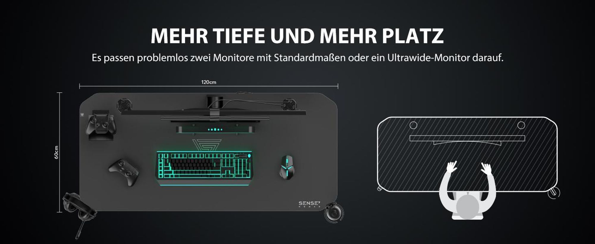 SENSE7 Nomad Classic Gaming Tisch - Schreibtisch 120x60 cm Inkl. XXL-Mauspad Computertisch PC Tisch Gamer Desk Zocker Tisch Kabelmanagement Schwarz