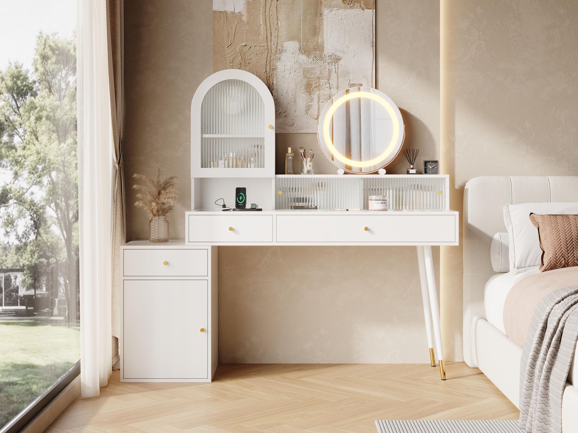 Merax Schminktisch L-Form Mit LED-Spiegel, USB, Type-C, Kosmetiktisch Mit Steckdosen, Glasplatte, 3 Schubladen, Modernes Schminkkommode, Weiß
