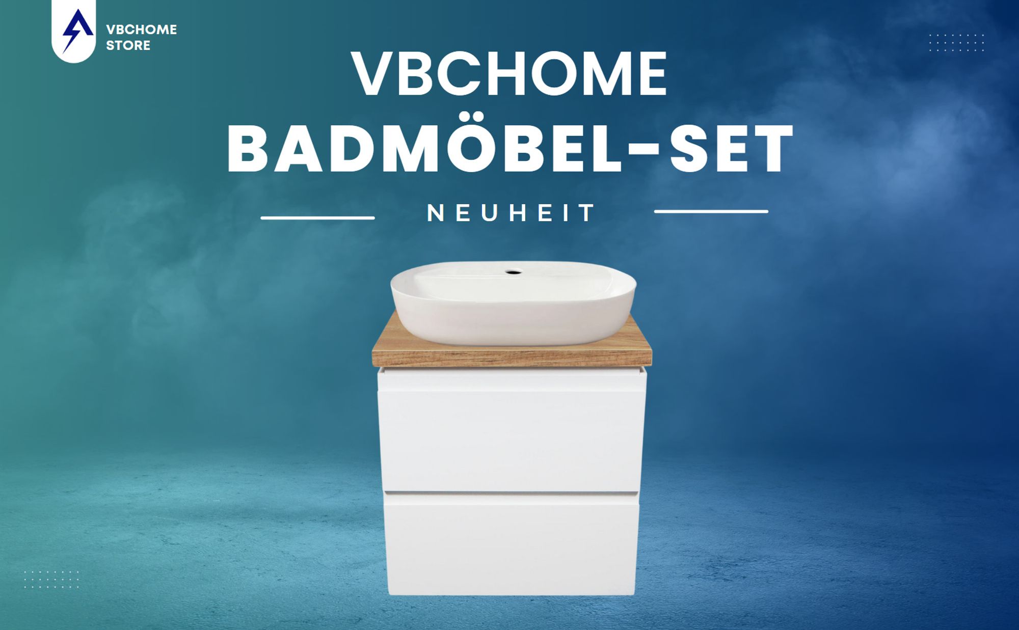 VBChome Badmöbel 60 cm Weiß Aufsatzwaschbecken mit Hahnloch 60x40 cm Aufsatzwaschtisch mit Waschbeckenunterschrank 2 Schubladen Badezimmerschrank