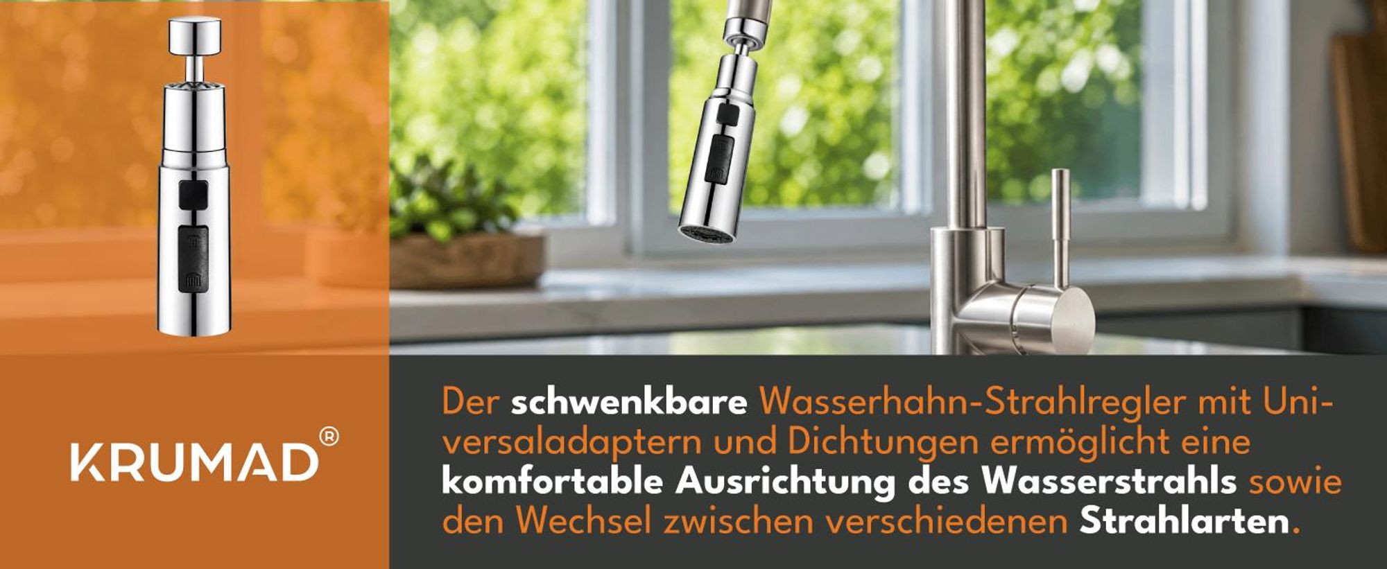 KRUMAD Wasserhahn-Aufsatz, 360° drehbar, Perlator mit 3 Wasserstrahlmodi, Wasserhahn Verlängerung, Strahlregler für Küche und Bad