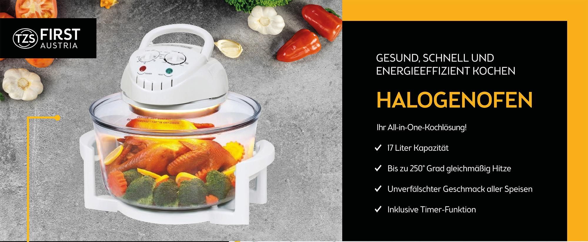 TZS First Austria - Halogenofen 1200-1400W aus Glas & Edelstahl - Minibackofen mit Umluftfunktion & Zubehör, Temperaturbereich: 65-250°C - Halogen Ofen Mini Backofen 12-17L Kapazität & 60 Min. Timer