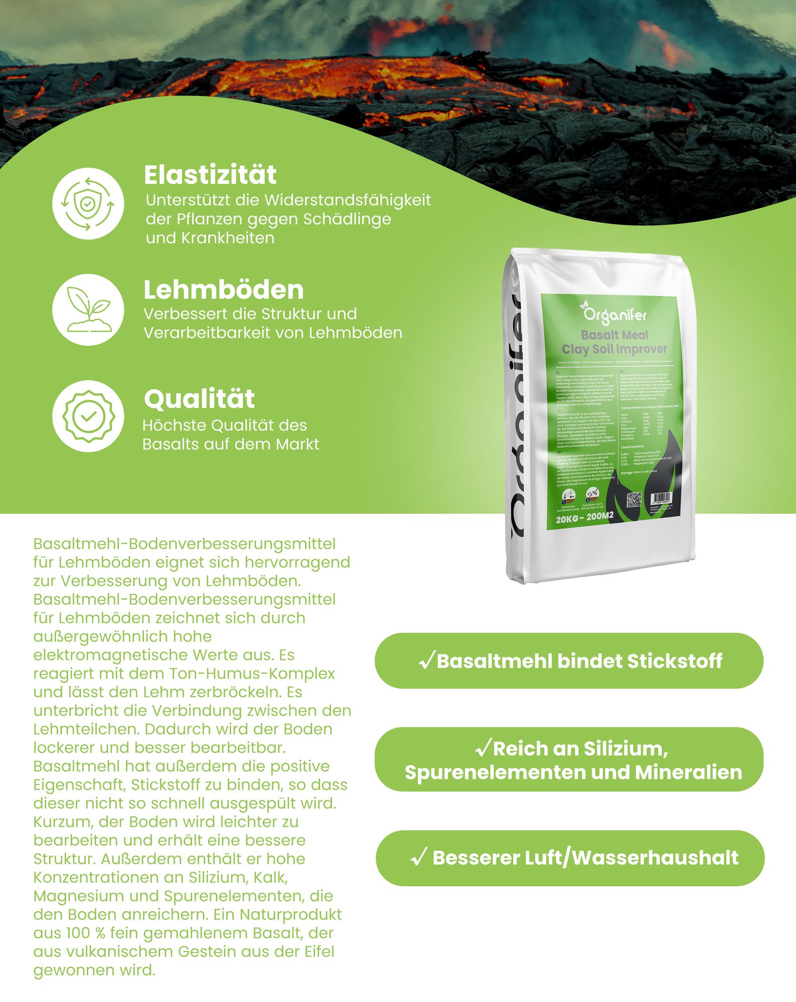 Basaltmehl-Bodenverbesserungsmittel für Lehmboden (20 kg für 200 m2)- Organifer