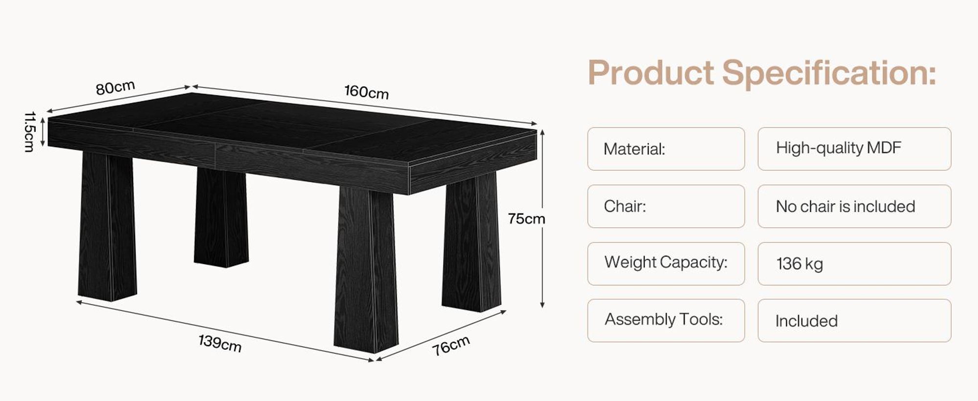 Tribesigns Esstisch, 160 × 80 cm Rechteckiger Küchentisch mit Robusten, Moderner Schwarz Holztisch für Esszimmer, Café, Restaurant, Schwarz