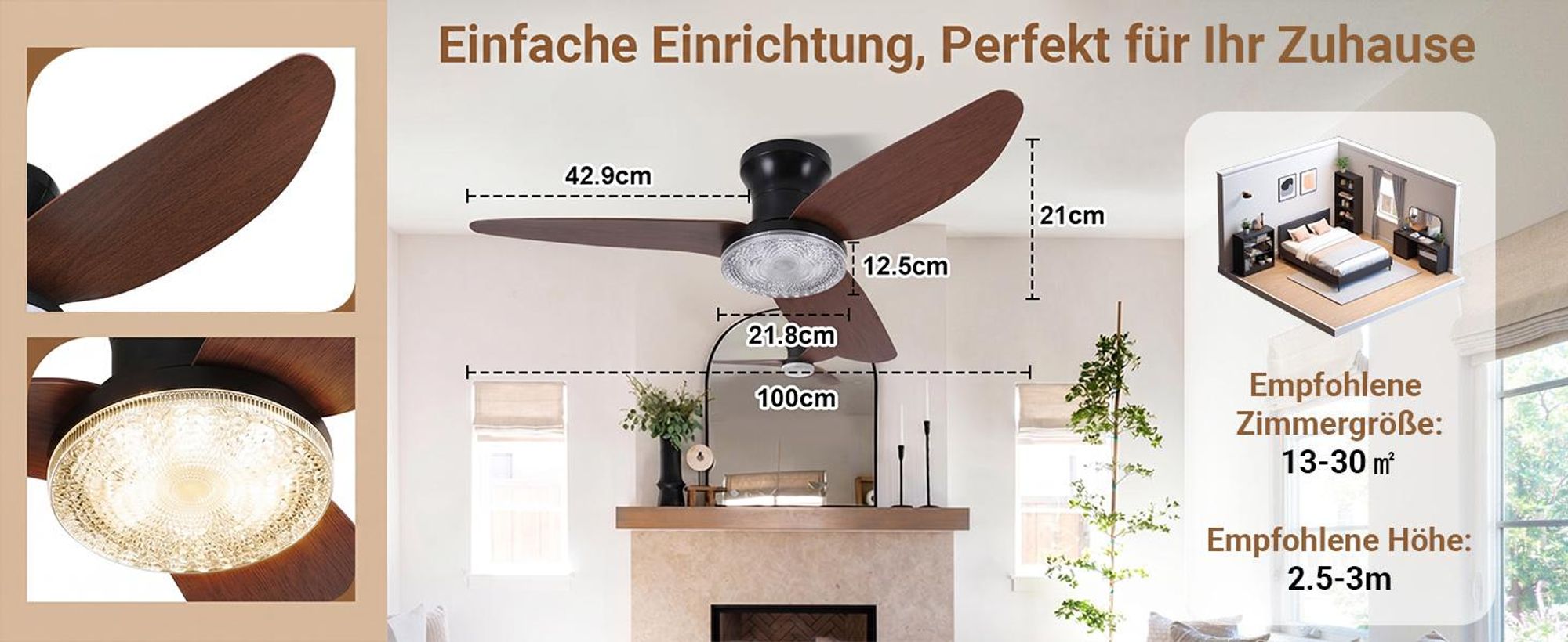 100cm Deckenventilator mit Beleuchtung und Fernbedienung DC Motor 3 Farbtemperatur Dimmbar 6 Stufen APP-Steuerung