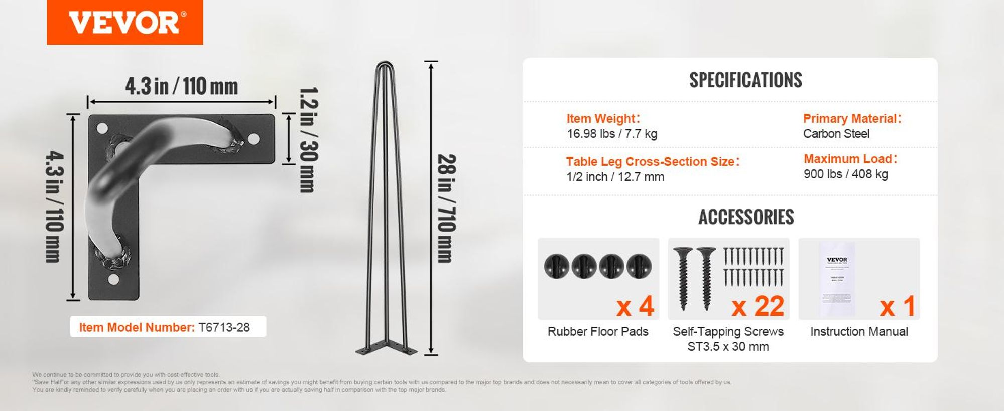 VEVOR 4er-Set Tischbeine Hairpin Tischkufen 710mm hoch 110x110mm Montageplatte Kohlenstoffstahl mattschwarze Pulverbeschichtung Tischfüße mit Gummifußpolster 408kg Tragfähigkeit