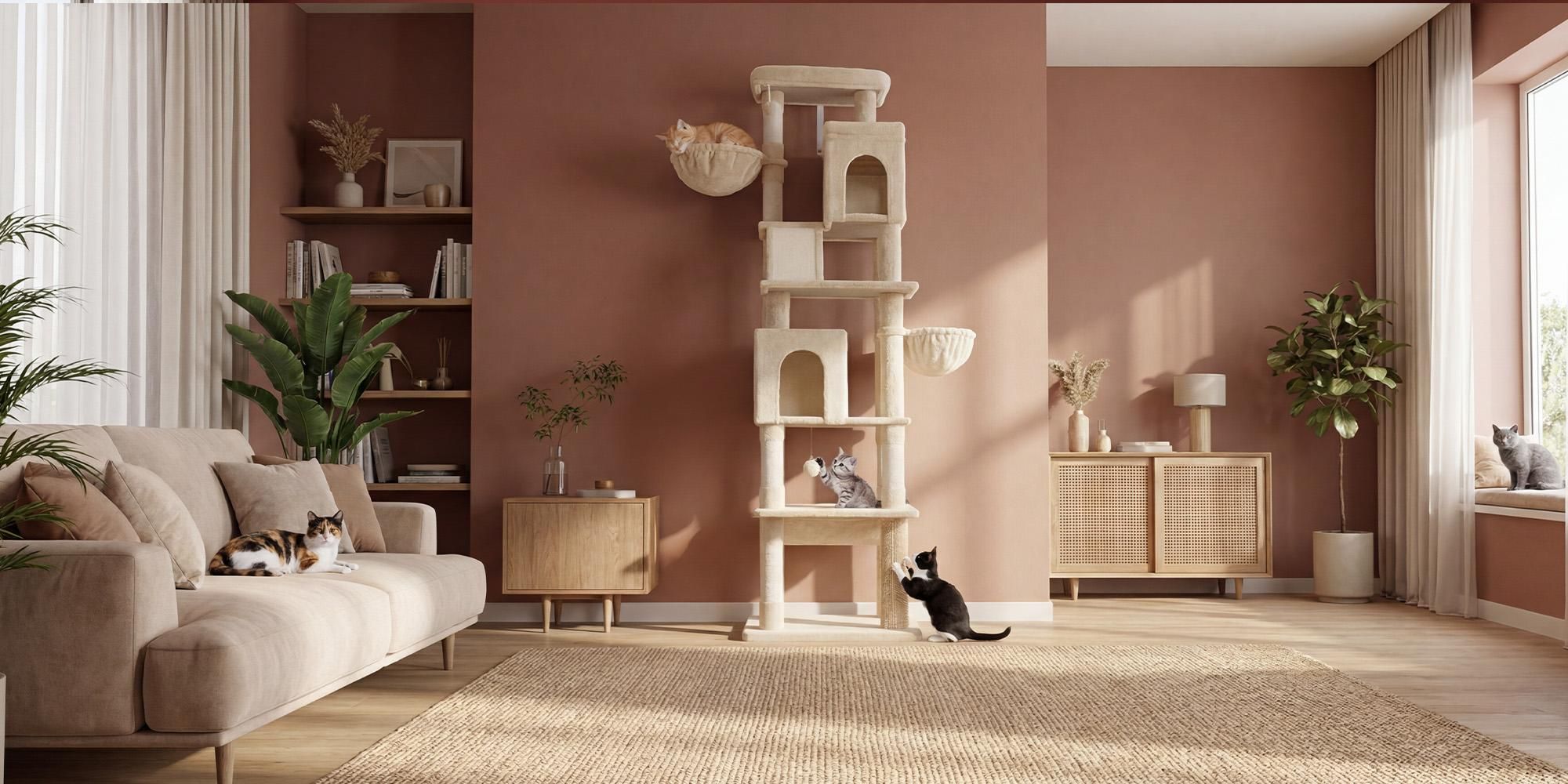 Fobyfurny Kratzbaum Groß, 213 cm Hoch, XXL Katzenbaum, 2 Plattformen, 2 Höhlen, 5 Kratzstämme, Kratzbrett, Katzenkorb, Hängematte