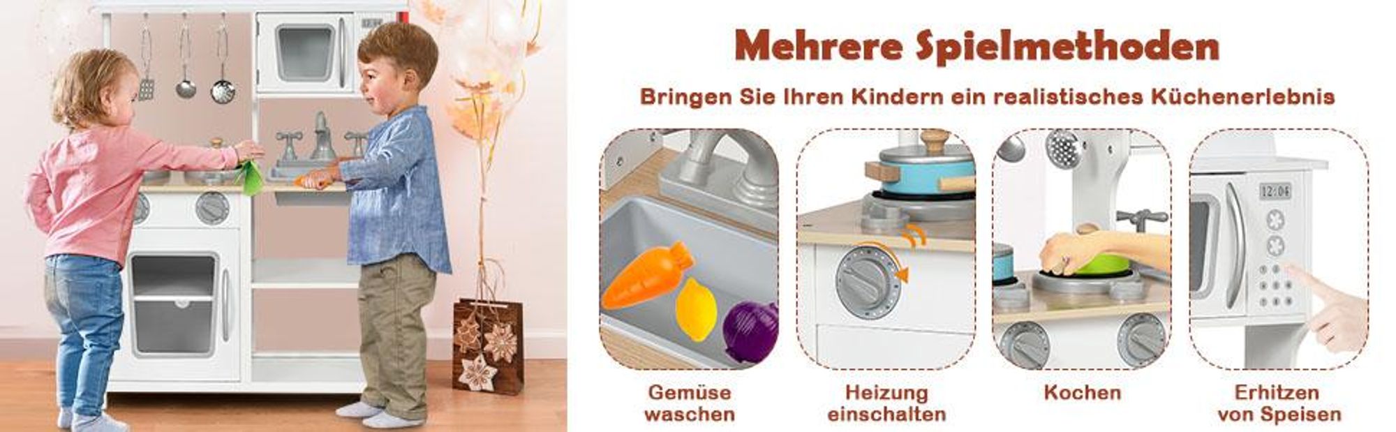 COSTWAY Kinderküche Holz, Kinder Spielküche mit Zubehör, Spielzeugküche Holzküche mit Spüle Backofen Mikrowelle & Herd, Küche-Set Weiß