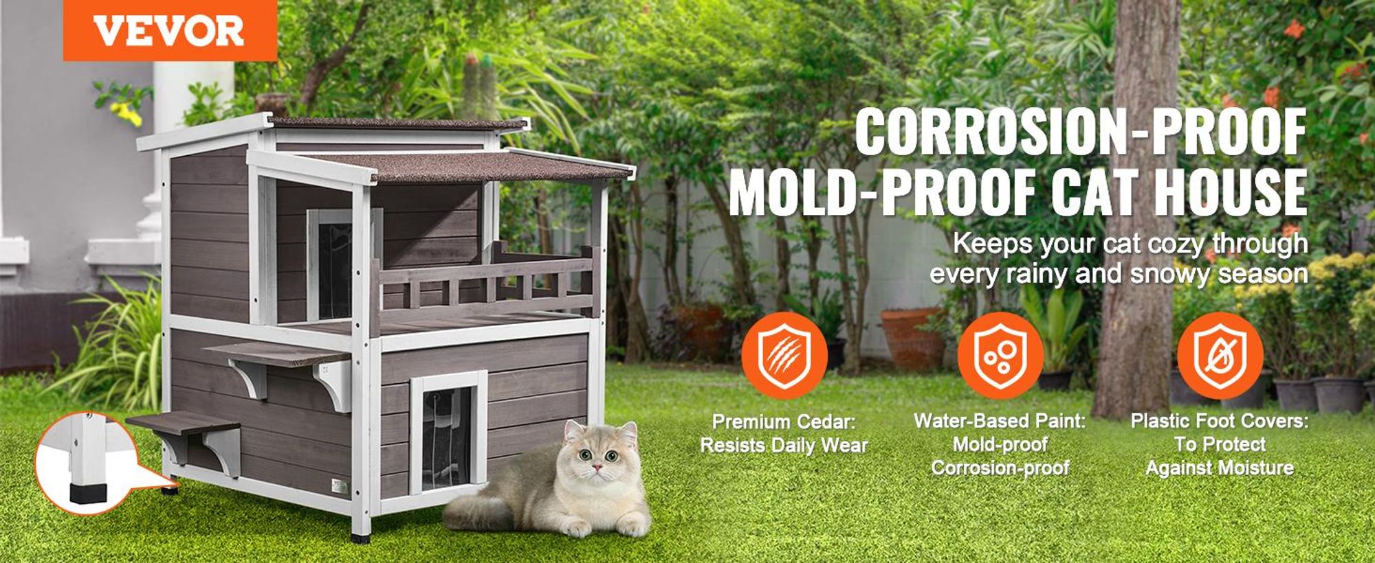 VEVOR Katzenhaus für draußen, wetterfest, Unterschlupf für Wildkatzen für mehrere Katzen, großes 2-stöckiges Katzenhaus aus Holz für draußen mit Balkon, Türen, PVC-Türklappen und offenem Dach, 76,2 cm L x 76,2 cm B x 81,3 cm H