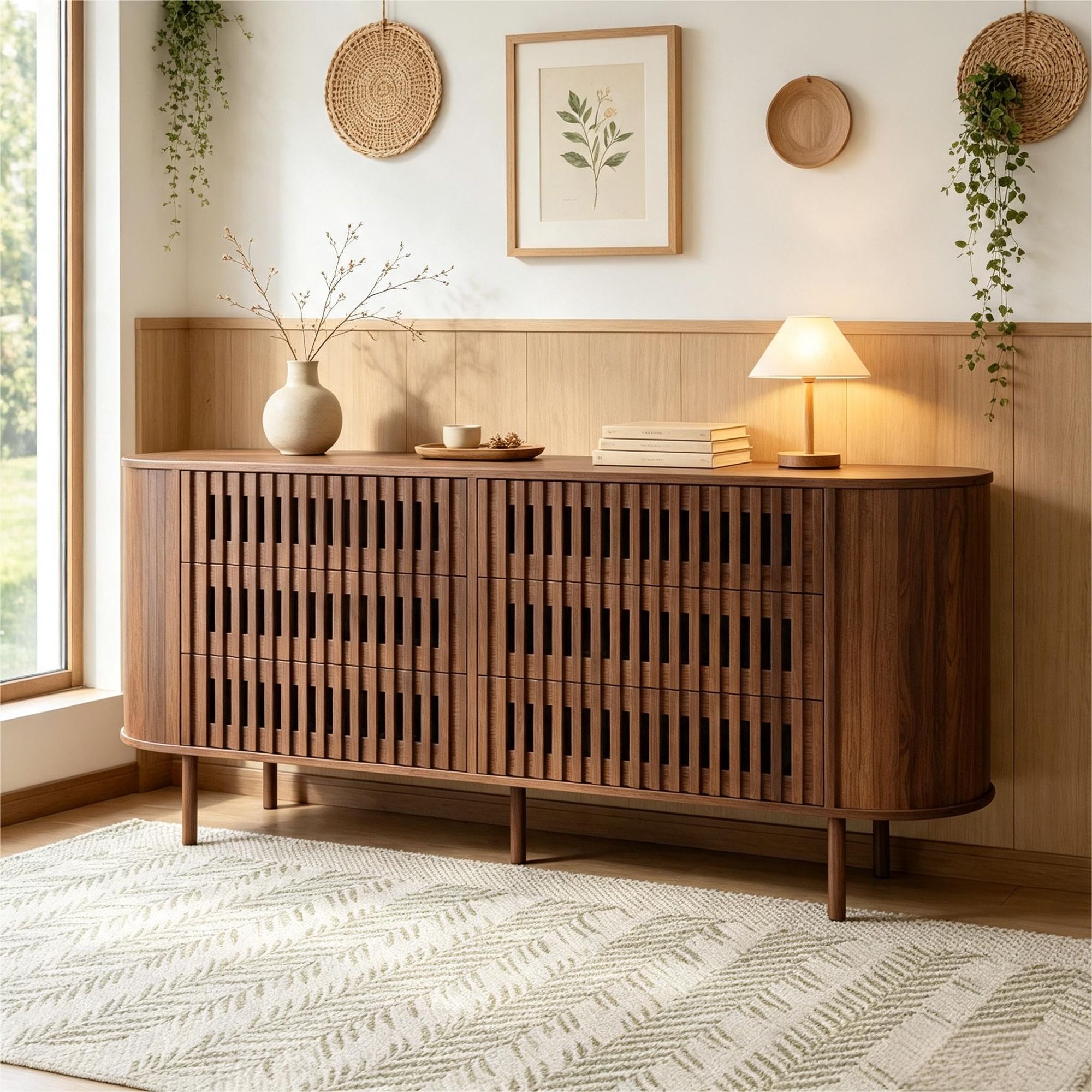 Merax Sideboard mit 6 Schubladen, Kommode Lamellen Design aus MDF, Schubladenschrank mit Metallbeine 70kg, mit Abgerundete Ecken, Stauraum, Walnuss