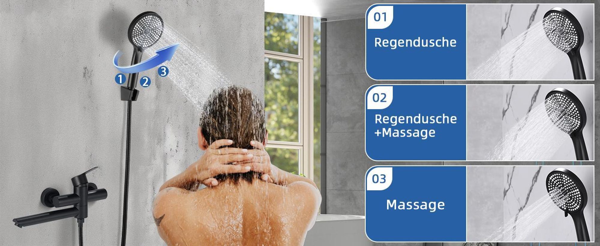 ZMH Badewannenarmatur Schwarz Wannenarmatur mit 3 Funktionen Handbrause Klassisch Set Amaturen Wasserhahn für Badewanne Bad