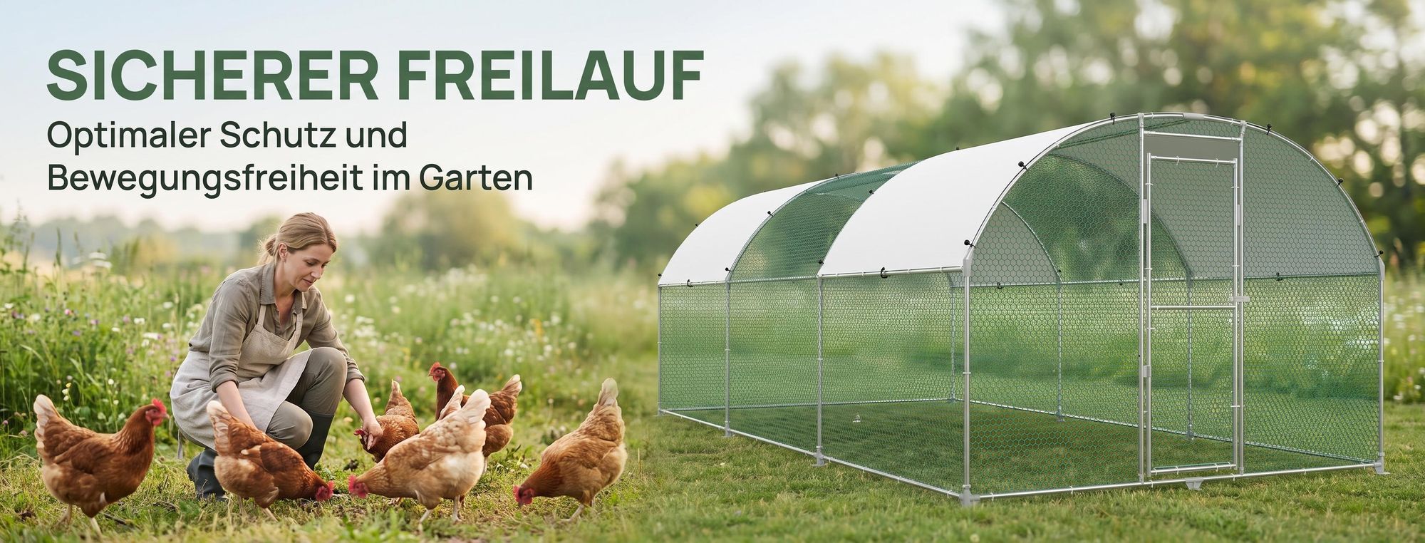 ROSEJANE Bogen-Hühnergehege 3 x 2 x 2 m, Hühnerauslauf mit verzinktem Stahlrahmen, PVC-beschichtetem Drahtgitter und UV-beständigem PE-Dach, abschließbare Tür, für Hühner, Enten, Gänse und Kaninchen