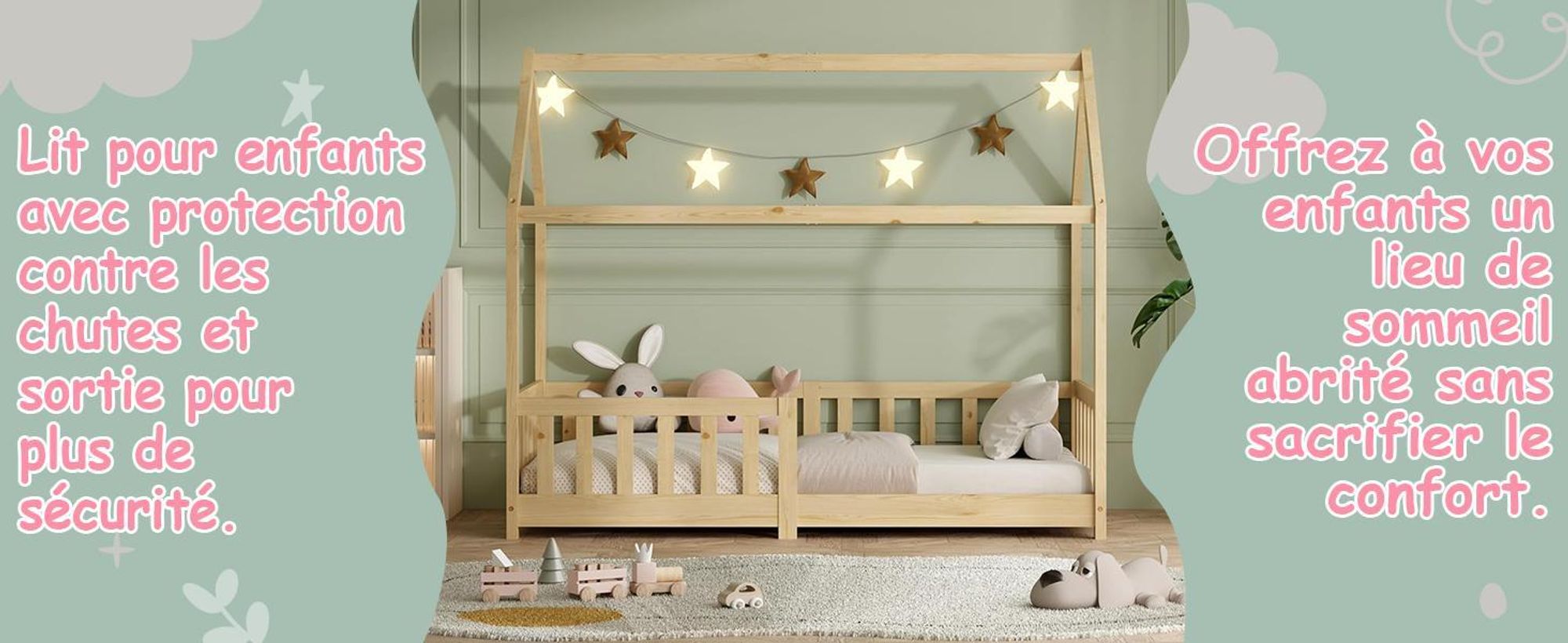 Lit pour Enfant, avec Protection Anti-Chute et sommier à Lattes 80x160 cm Naturel pour Enfant