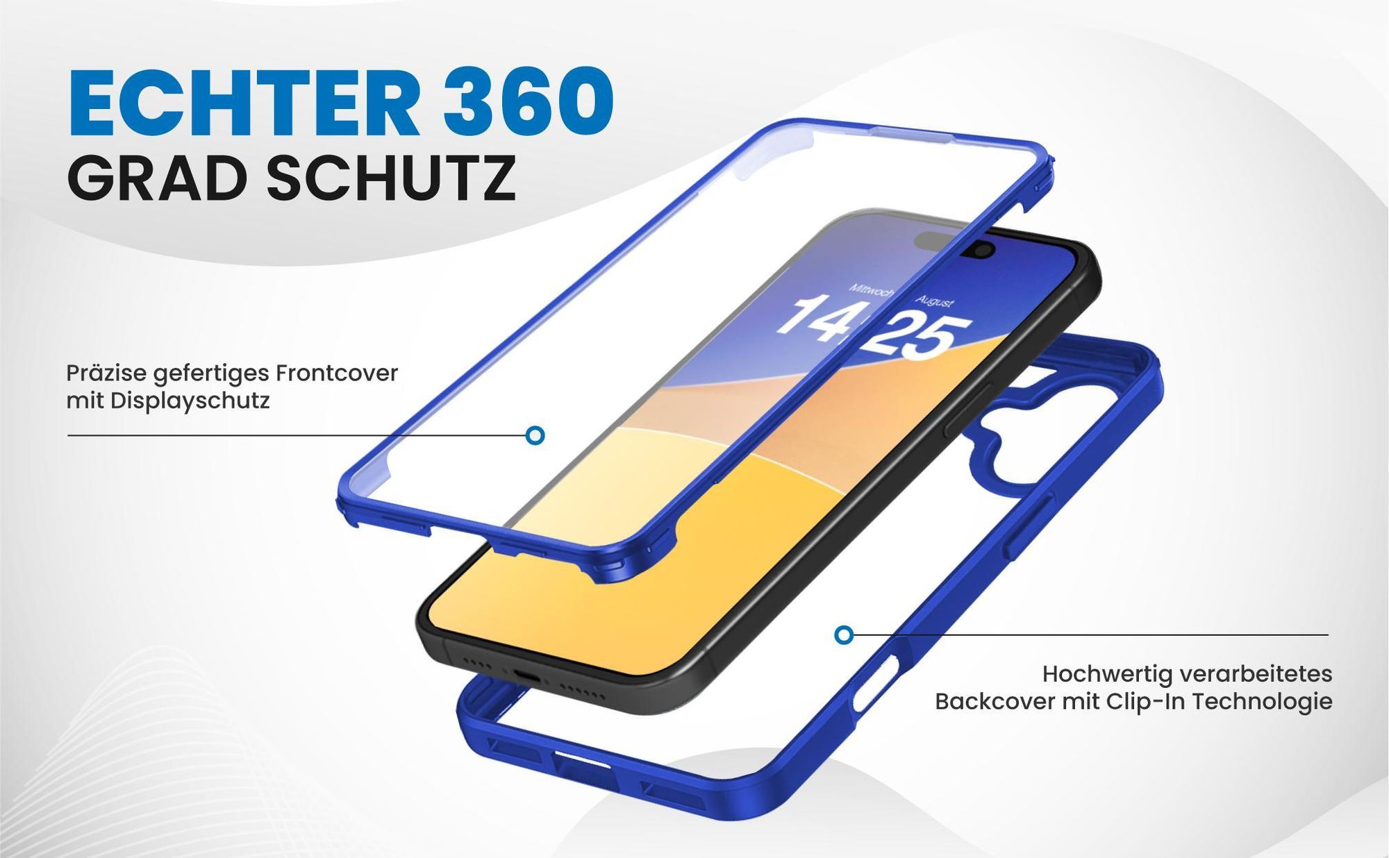 Blaues 360 Grad Case für Apple iPhone 16 mit Schutz von beiden Seiten