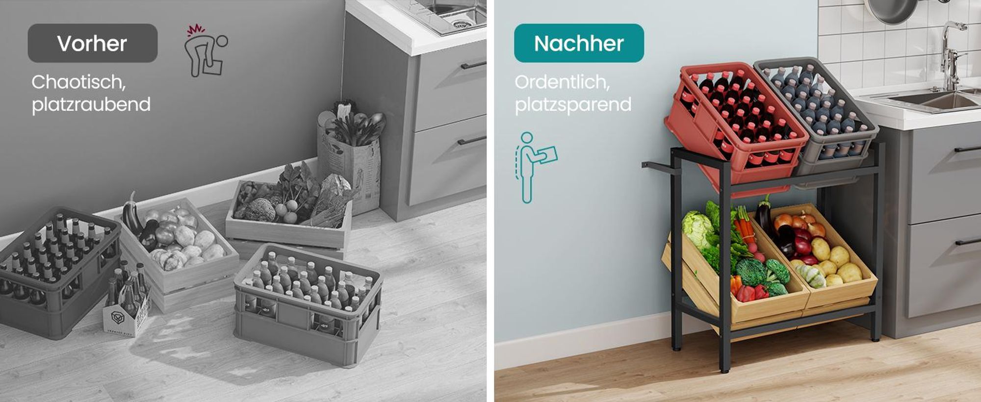SONGMICS Getränkekistenregal, 2 Ebenen für 4 Kisten, Stahl, Getränkeregal, braun-schwarz