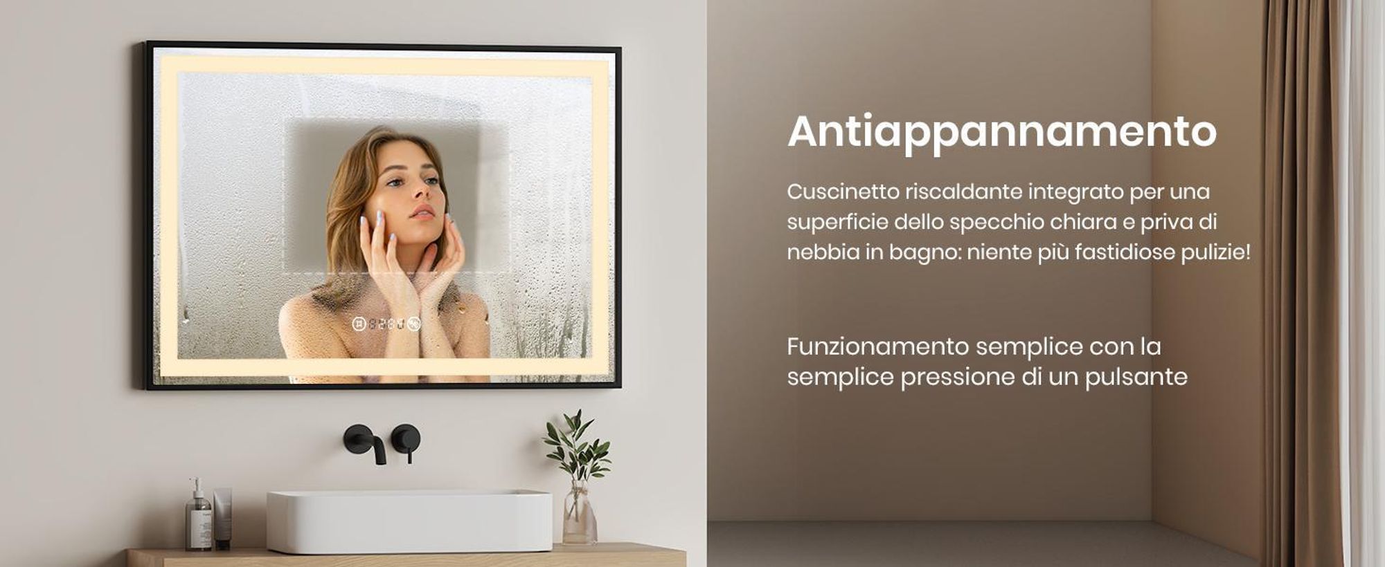 EMKE specchio da bagno Specchio LED 80x60cm specchio da bagno illuminato con cornice nera interruttore a sfioramento, antiappannamento e funzione orologio