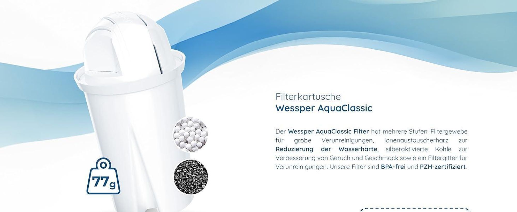 Wessper D2 BOROSILICATE Wasserfilterkanne 3 L Weiß – Glasfilterkanne mit 4 AquaClassic Filter, BPA-frei