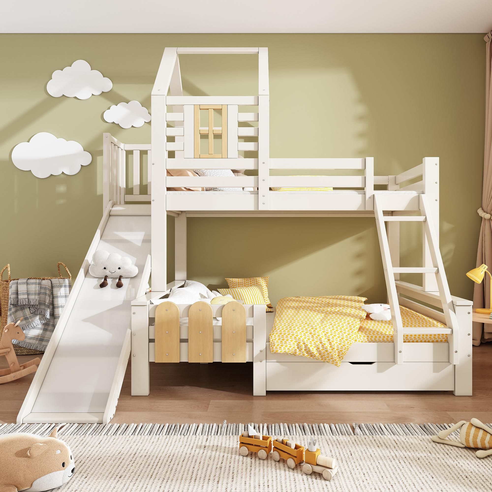 Flieks Etagenbett 90x200cm/140x200cm, Kinderbett Hausbett mit Rutsche, Hochbett mit Schublade, Stockbett Holzbett mit Lattenrost, Weiß