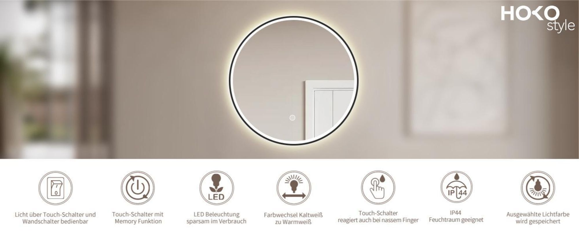 HOKO Design Badspiegel rund 80 cm Amsterdam mit Energiesparend LED Beleuchtung und Metall Rahmen Schwarz. Touch Schalter.