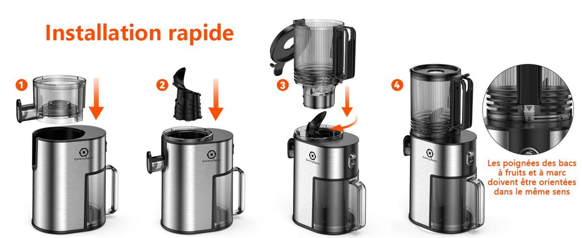 CelerySpec SJ-048-EU-SS Centrifugeuse - Pour légumes et fruits entiers Puissance 250W Capacité 1.8L Extracteur de jus Matériau alimentaire - Argenté