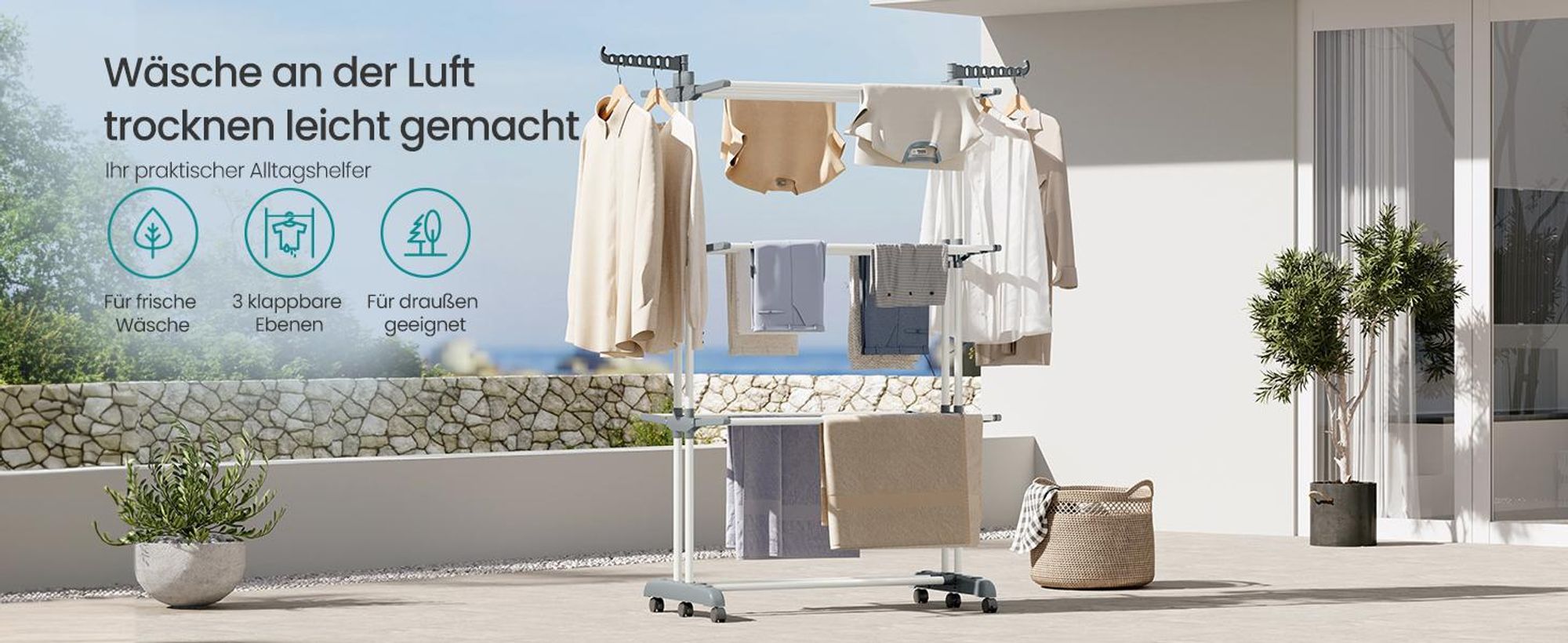 SONGMICS Wäscheständer, Standtrockner 4 Ebenen, Flügelwäscheständer, klappbare Flügel, mit Rollen, 63,5 x 125,5 x 173 cm, groß, einfacher Aufbau