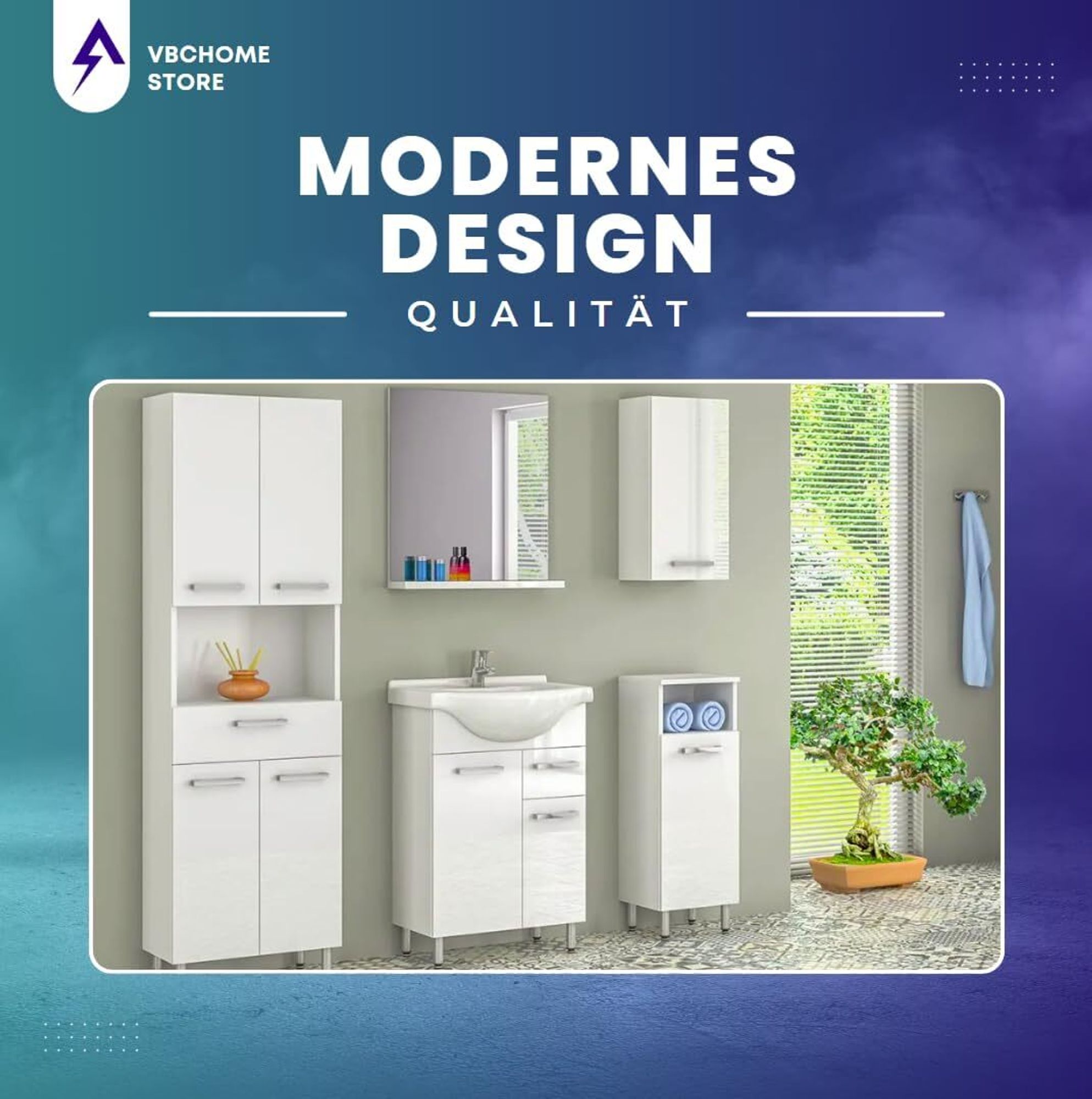 VBChome Badunterschrank 40x85x22 cm Weiß Stehend mit Keramik-Waschbecken – Waschtischunterschrank mit Armaturloch – Badezimmermöbel Set Modern