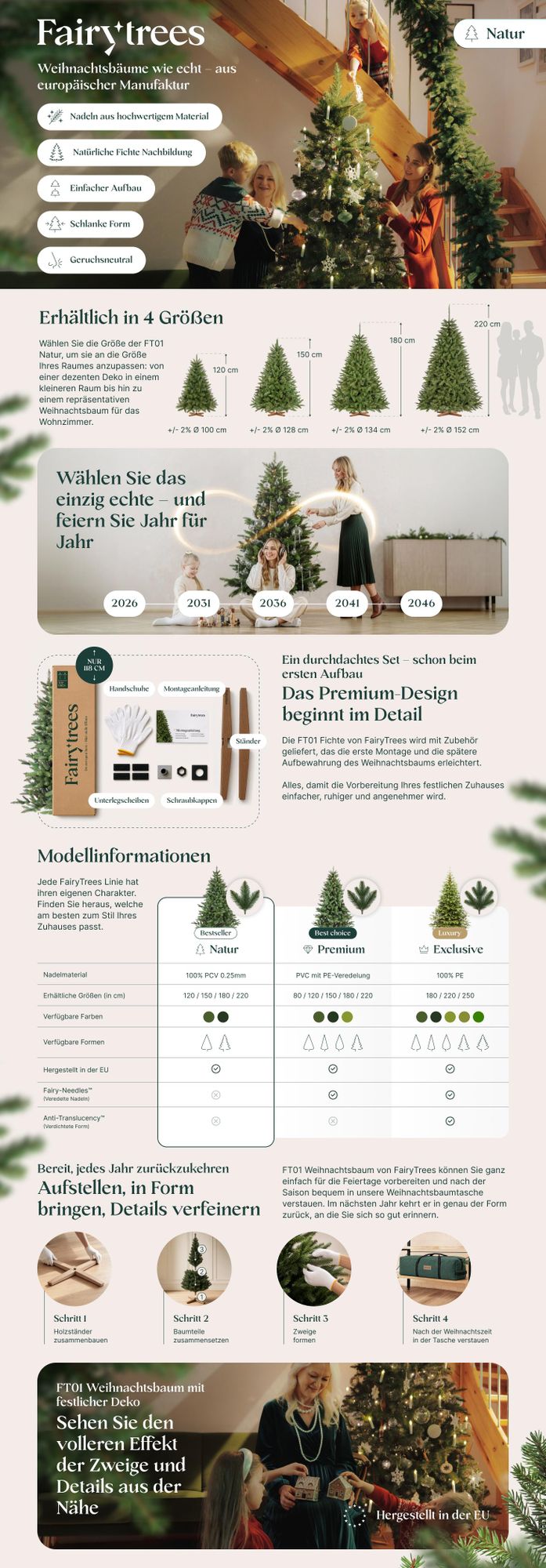 FairyTrees Weihnachtsbaum künstlich 180cm FICHTE Natur mit Christbaum Holzständer | Tannenbaum künstlich mit grünem Stamm | EU