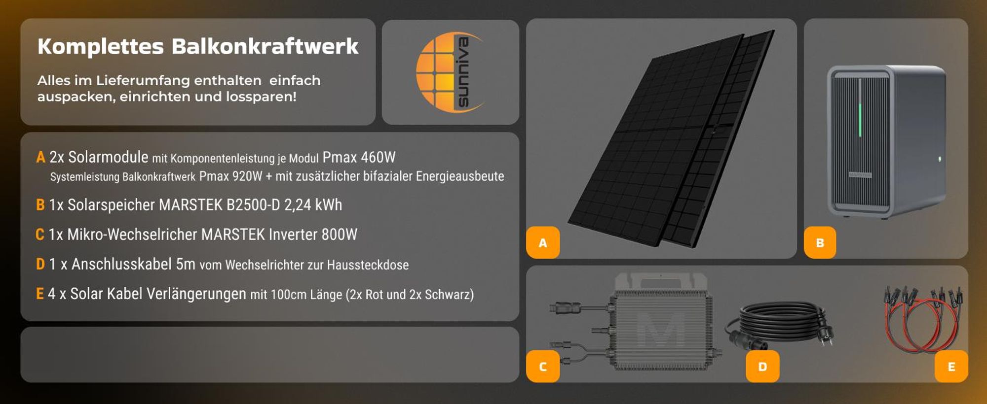 SUNNIVA® 920W Balkonkraftwerk mit 2,24 kWh Speicher Marstek B2500-D, 2x 460W BIFAZIAL FULLBLACK komplett Steckdose, PV Solaranlage + Solarspeicher