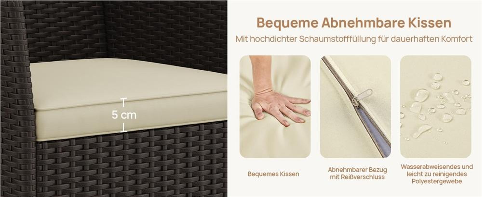 Yaheetech 2er Set Gartenstuhl aus Polyrattan, inkl. Sitz- & Rückenpolster, Gartenmöbel Set mit 2 Sessel, wasserabweisend & waschbar, Braun & Beige