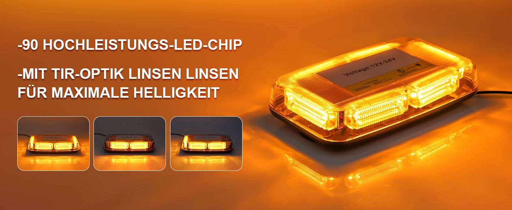 90 LED Rundumleuchte mit Magnetfuß, 12V/24V Warnleuchte, Gelb