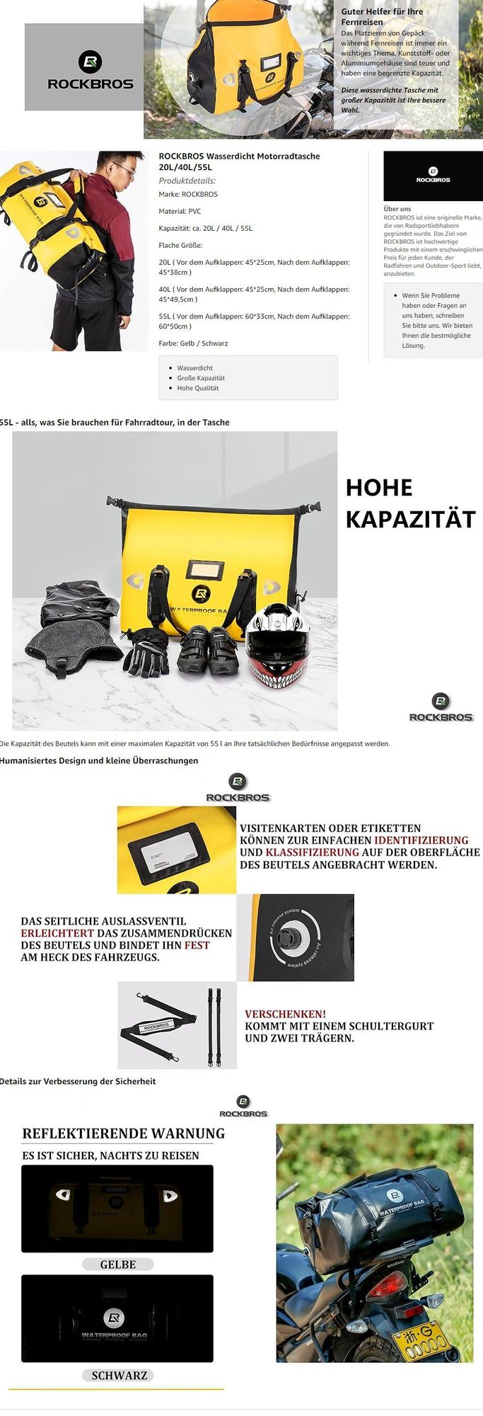 ROCKBROS Motorradtasche Gepäckträgertasche Wasserdicht Hecktasche Wasserdicht Motorrad Satteltasche mit Schultergurt ca. 20L Gelb
