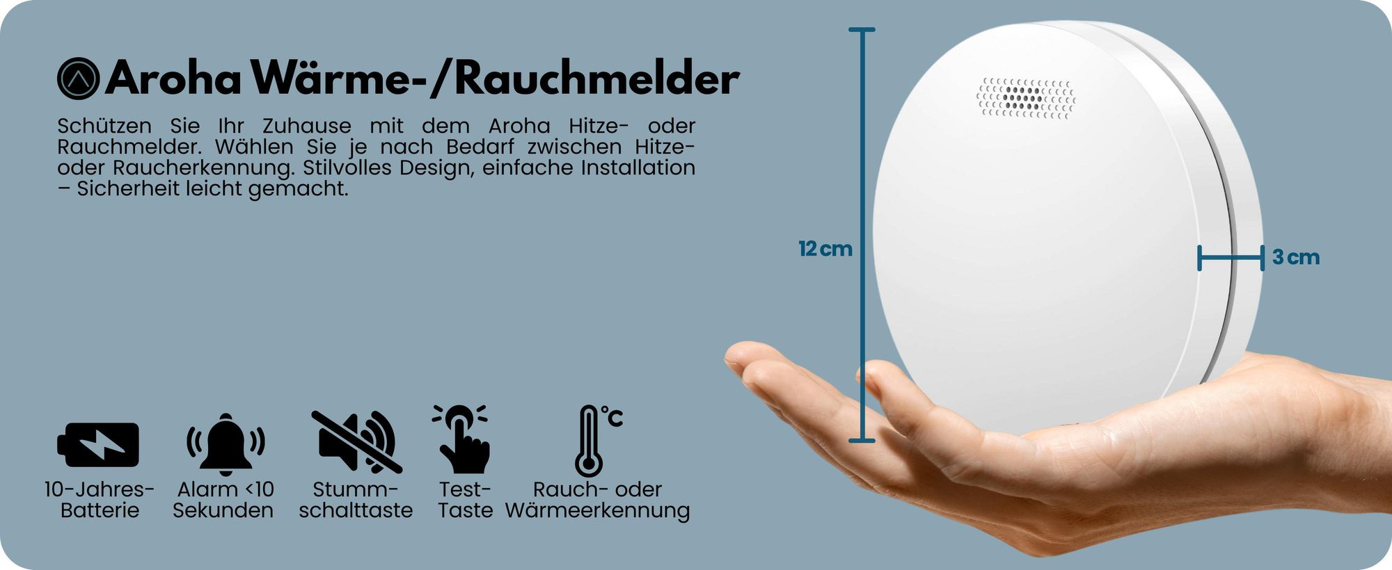 Aroha Link Hitzemelder/Rauchmelder Vernetzt - 10 Jahre Batterie - Feuer/Hitzemelder Vernetzbar - 3 set