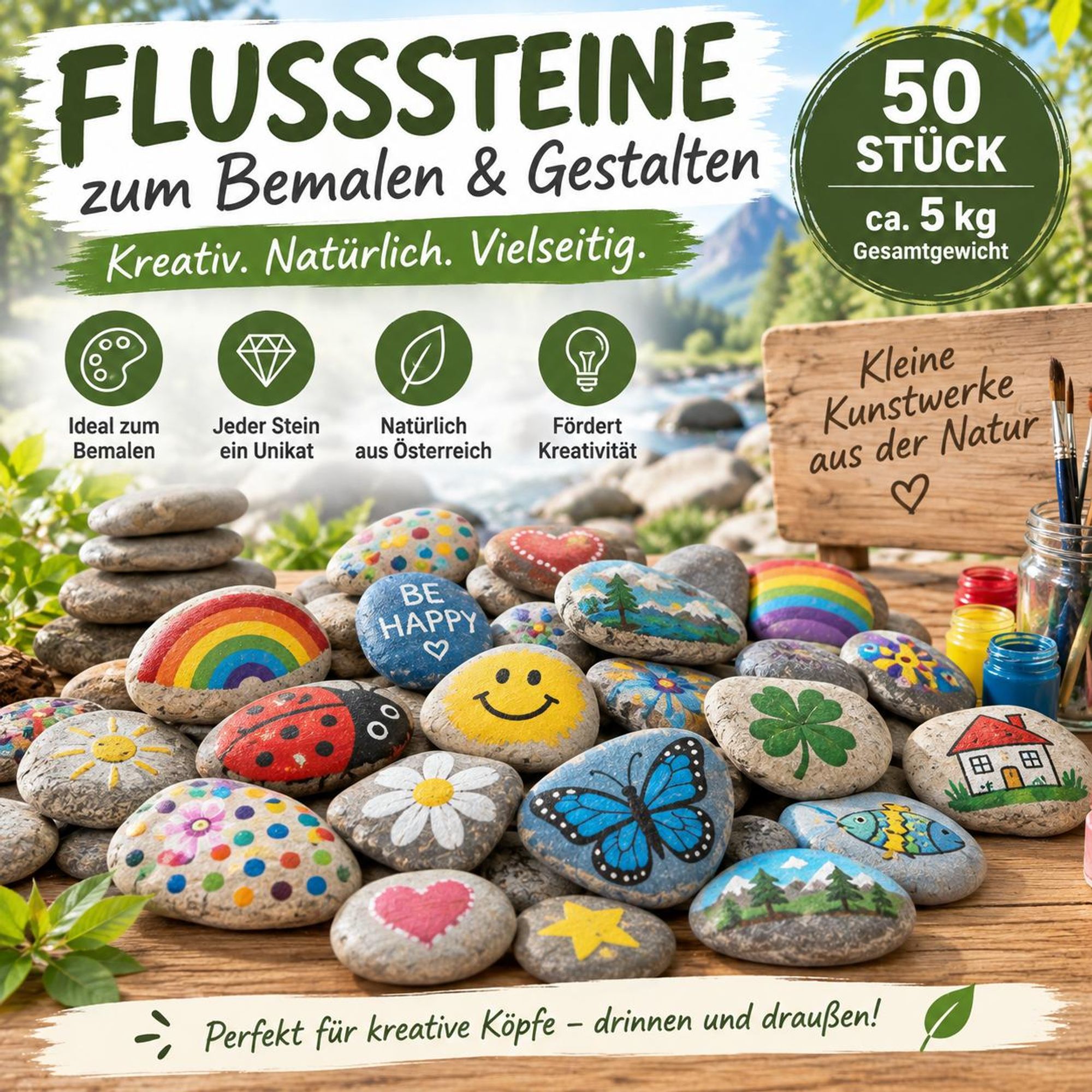 Große flache Flusssteine aus Österreich, ca. 5–14 cm, 50 Stück und insgesamt ca. 5 kg