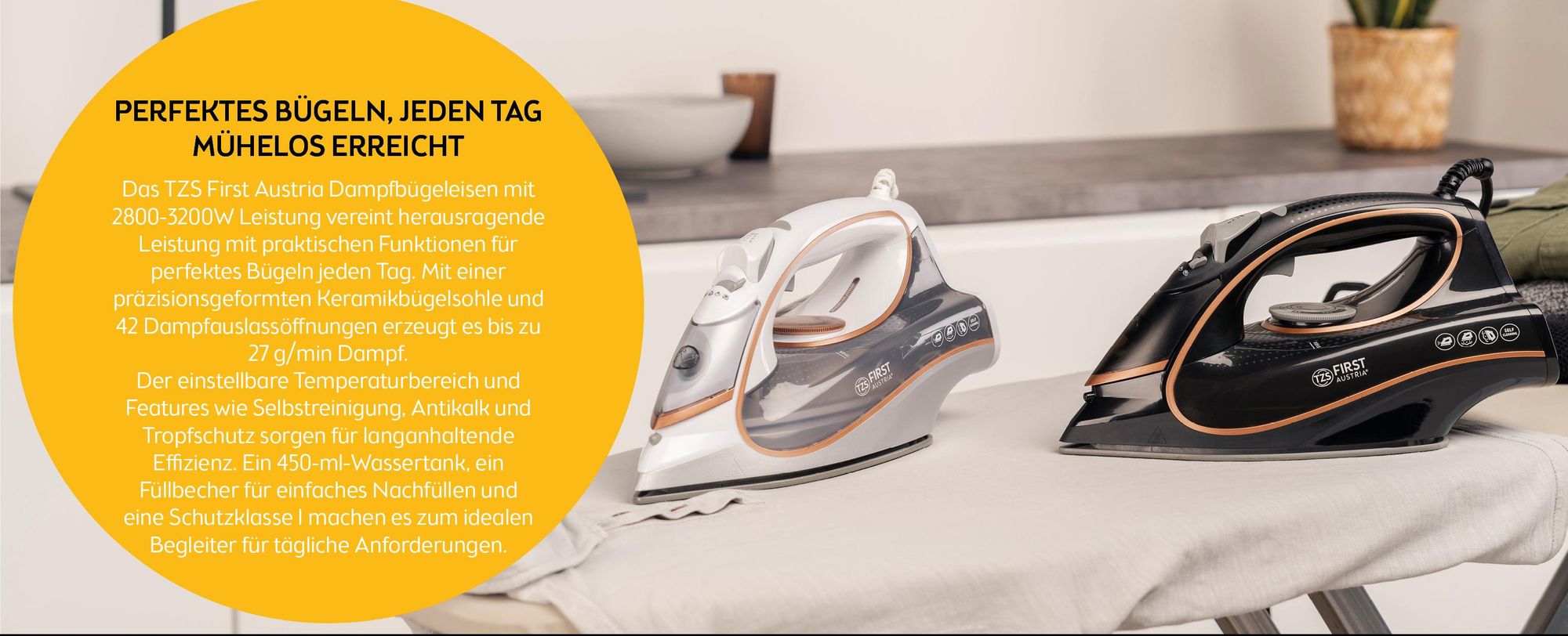 TZS First Austria - Dampfbügeleisen 3200 W - Keramiksohle - 42 Düsen, 27g/min Dampf - Vertikaldampf, Anti-Kalk & 450ml Wassertank - Schwarz