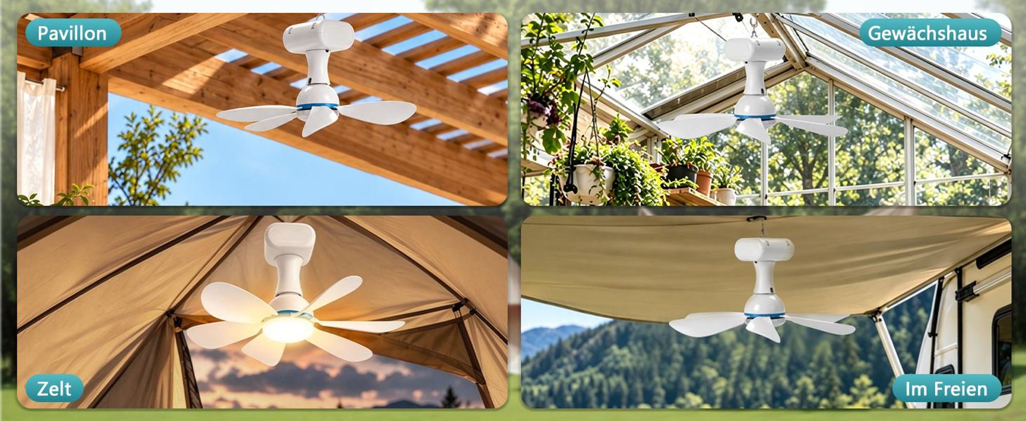 Solar Deckenventilator mit Beleuchtung, 13W Solarpanel & 6000mAh Akku, 3 Stufen Camping Ventilator mit Timer FB für Outdoor, Pavillon, Gewächshäuser