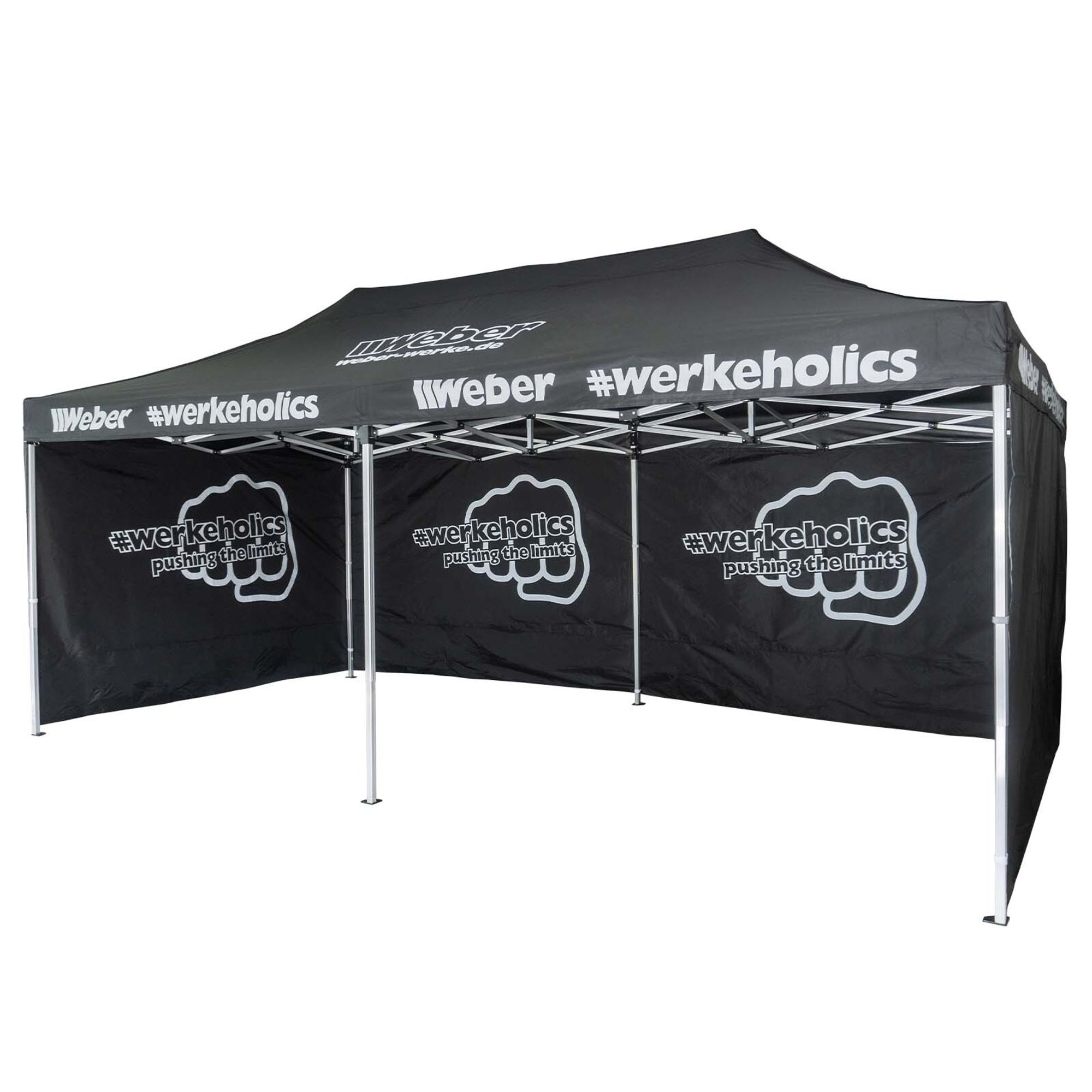Weber Easy-Up Zelt 3 x 6 m inkl. 4 Seitenwände schwarz Aluminium Türöffnung Tragetasche höhenverstellbar faltbar Faltpavillon Pavillon