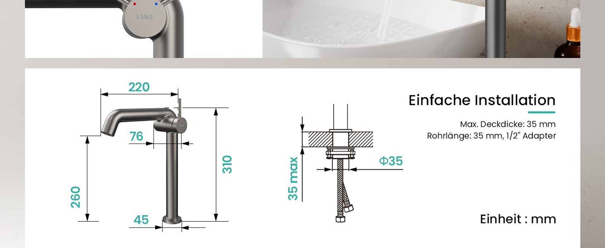 EMKE Einhebel-Waschtischarmatur, Badarmaturen 332x220x76mm , Wassersparend, Korrosionsschutz, Bleifreies Messing, Matt Anthrazit