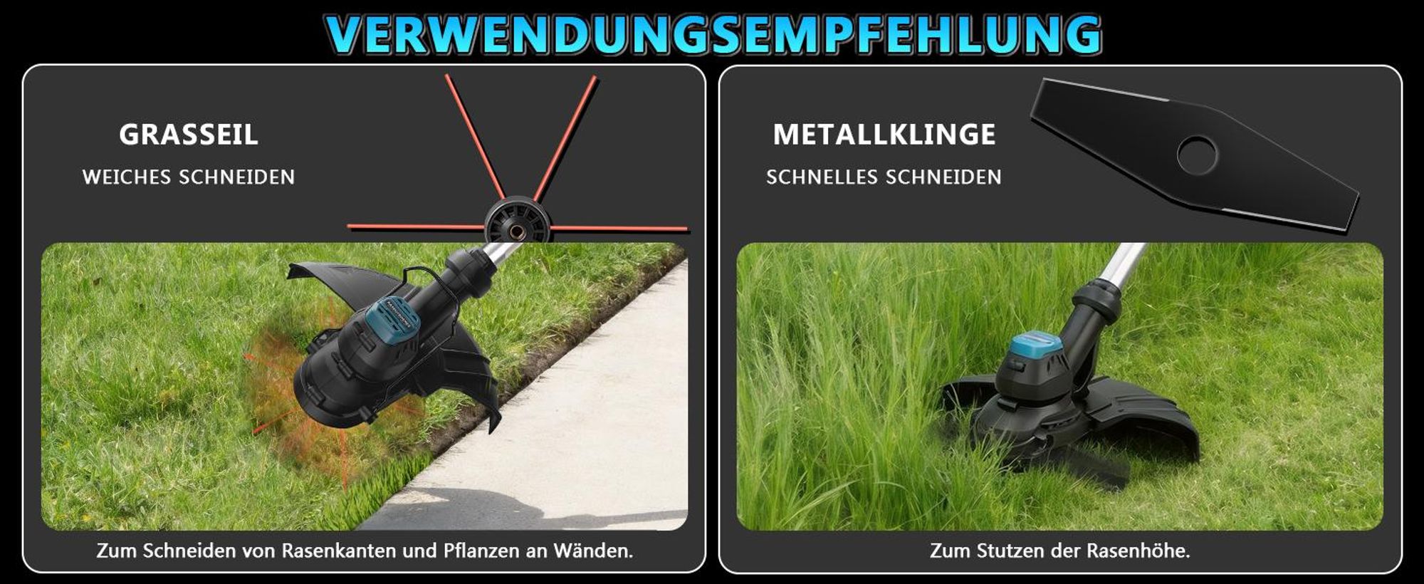 980W Akku Rasentrimmer Bürstenloser 7 IN 1 mit 2×4.0Ah Akku 18V, 14800 RPM mit 7 Klingentypen Ø300 mm, 100-140cm Einstellbar, Freischneider Garten