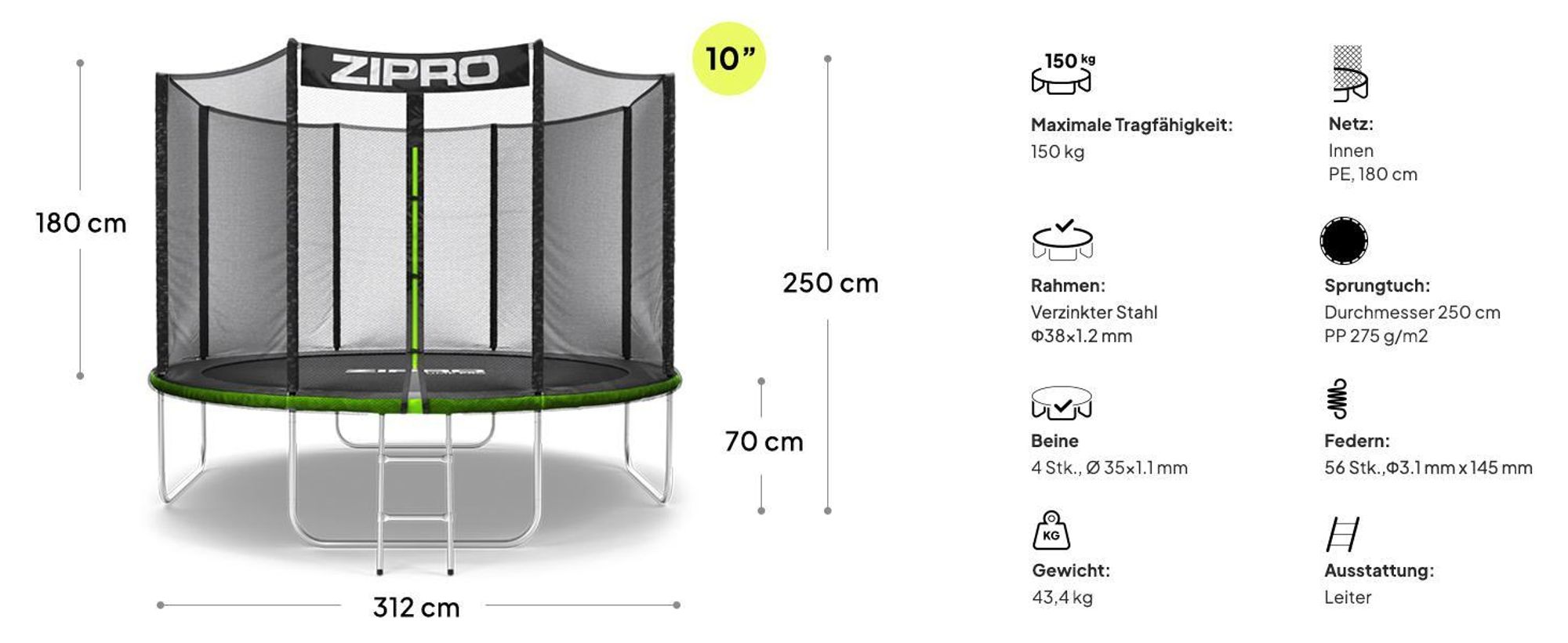 ZIPRO Trampolin Jump Pro Out | 10FT Ø 312 cm | Gartentrampolin Kindertrampolin Komplett-Set inkl. Außennetz, Leiter & Randabdeckung, Outdoor, Grün
