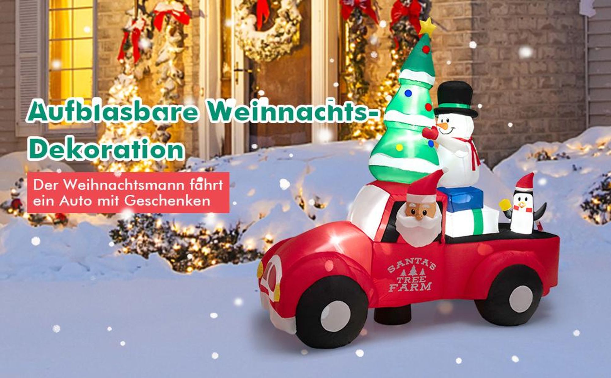 COSTWAY Aufblasbarer Weihnachtsmann fährt Auto, LED Weihnachtsdekoration mit Schneemann, Weihnachtsbaum, Geschenk & Pinguin, Selbstaufblasend