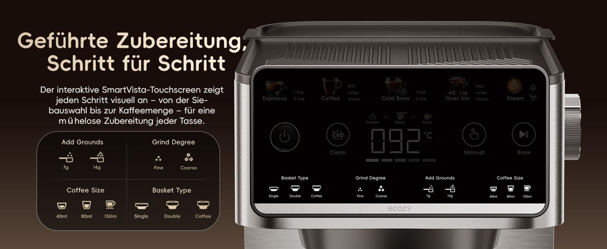 ecozy Espressomaschine mit Milchaufschäumer, 4-in-1 Siebträgermaschine für Espresso, Cold Brew, Over Ice, Kaffee, Latte, Touchscreen, Selbstreinigung