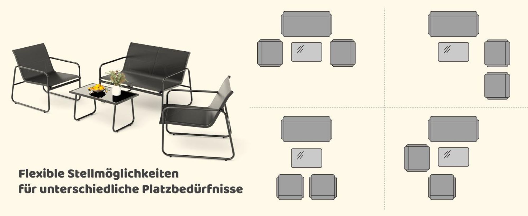 Mondeer Gartenmöbel-Set 4-teilig Sitzgruppe mit atmungsaktivem Mesh-Gewebe, Ergonomischen Armlehnen und Stabilem Stahlrahmen Balkon Terrasse Schwarz