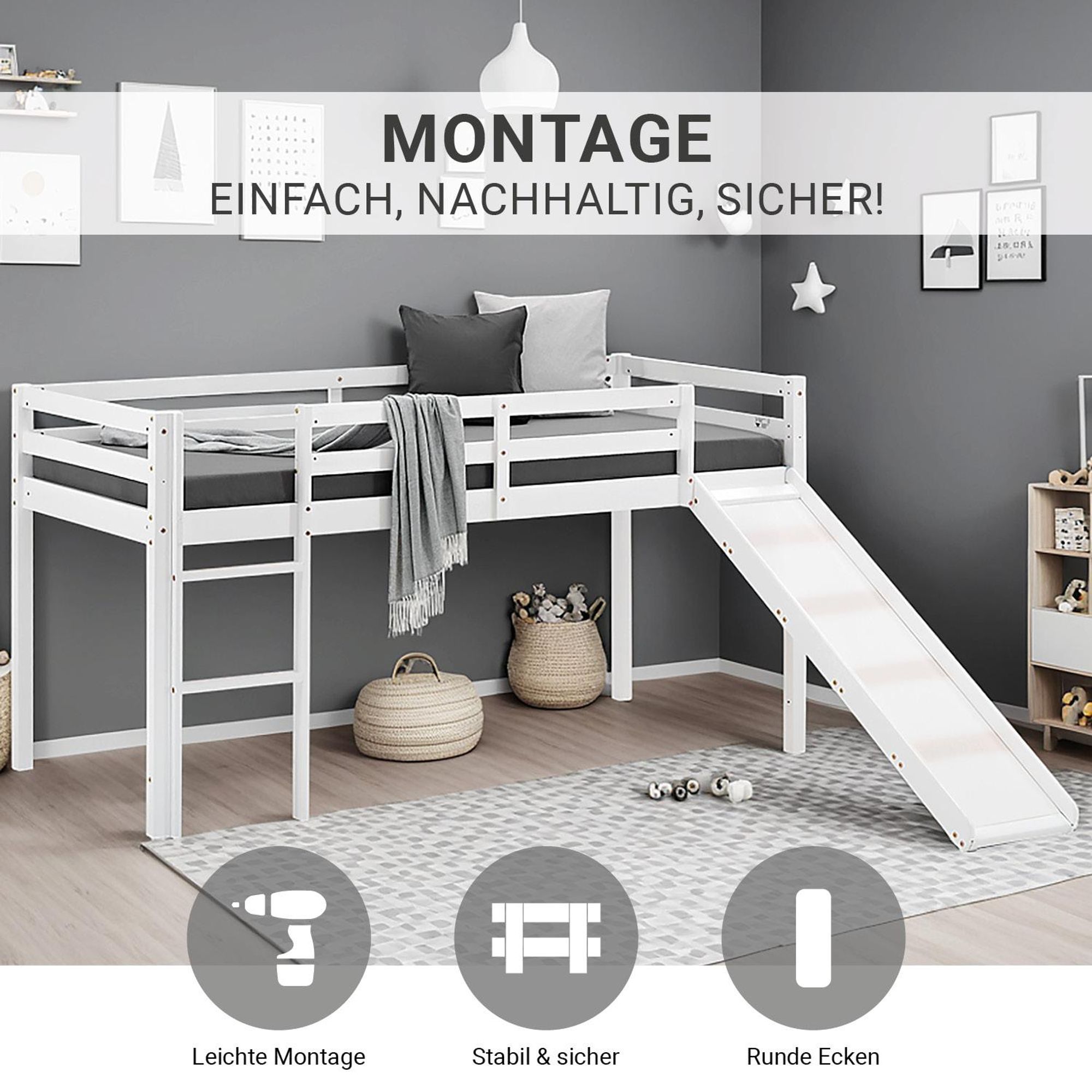 Das Kinderhochbett lässt sich leicht montieren und hat runde Ecken.